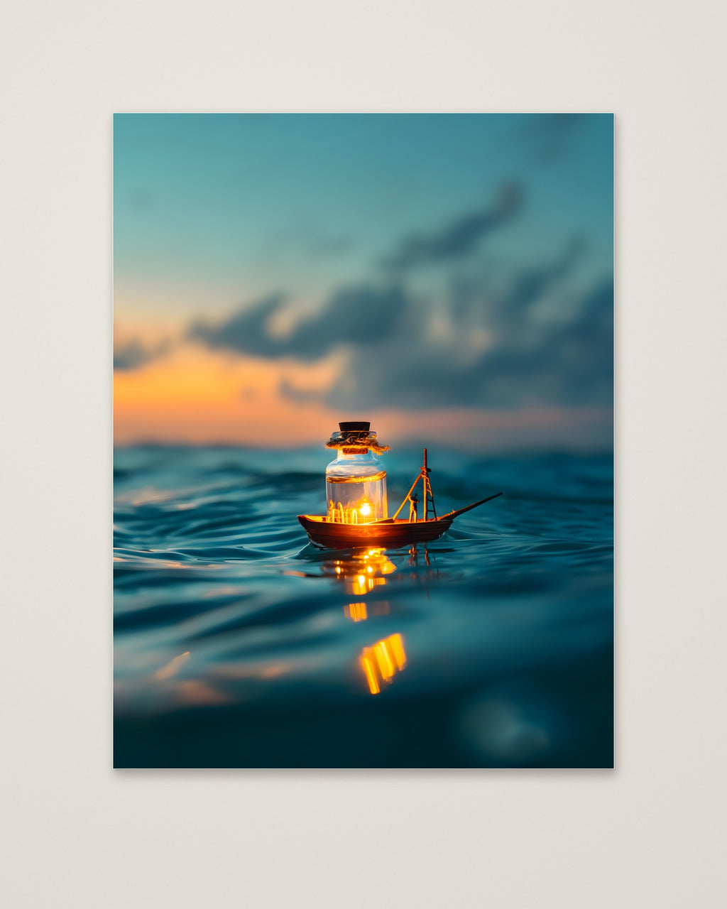 Tiny Glowing Boat Ocean Art as an unframed matte paper print