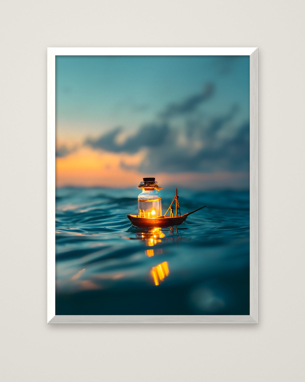Tiny Glowing Boat Ocean Art in a white frame