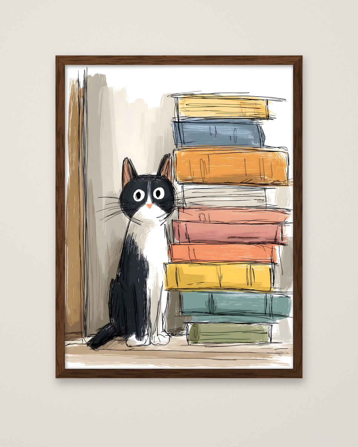 Tuxedo Cat Books Art in a dark wood frame