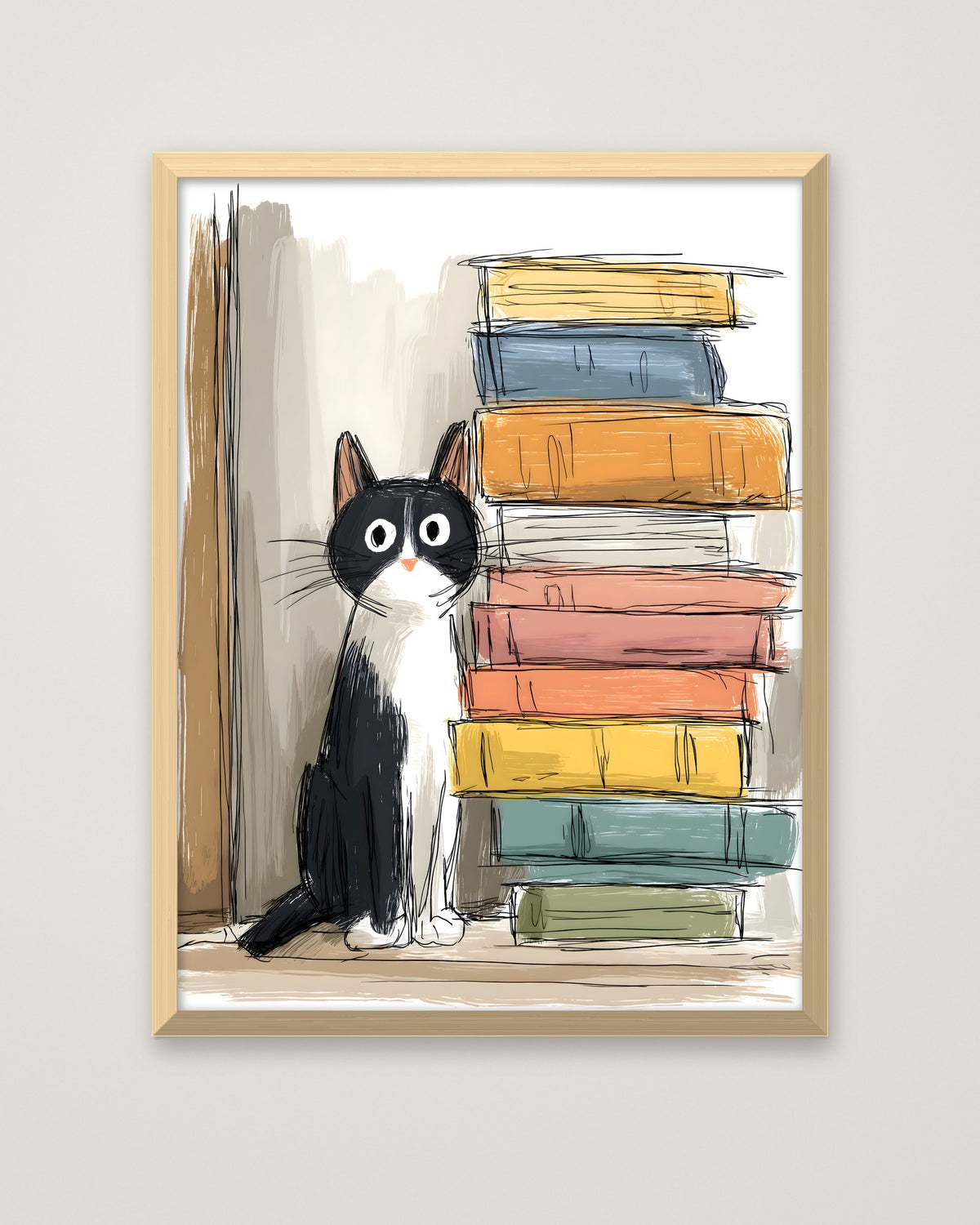Tuxedo Cat Books Art in a natural wood frame