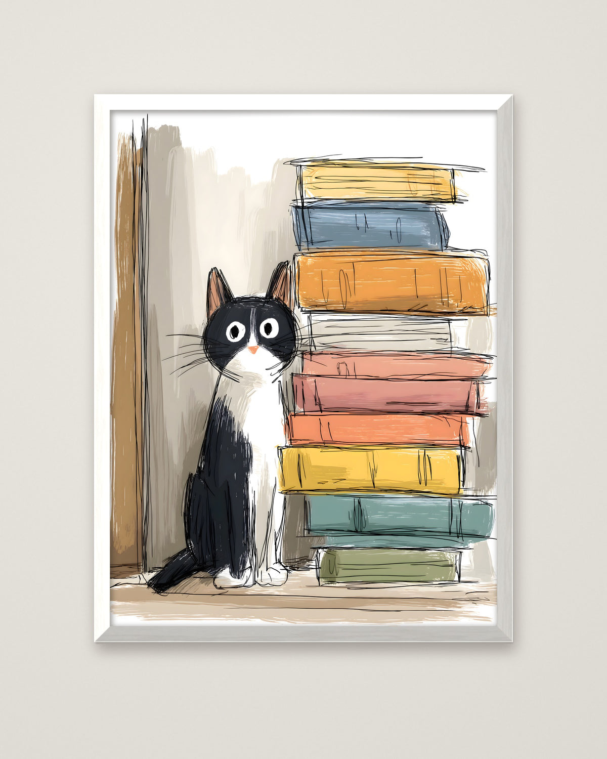 Tuxedo Cat Books Art in a white frame
