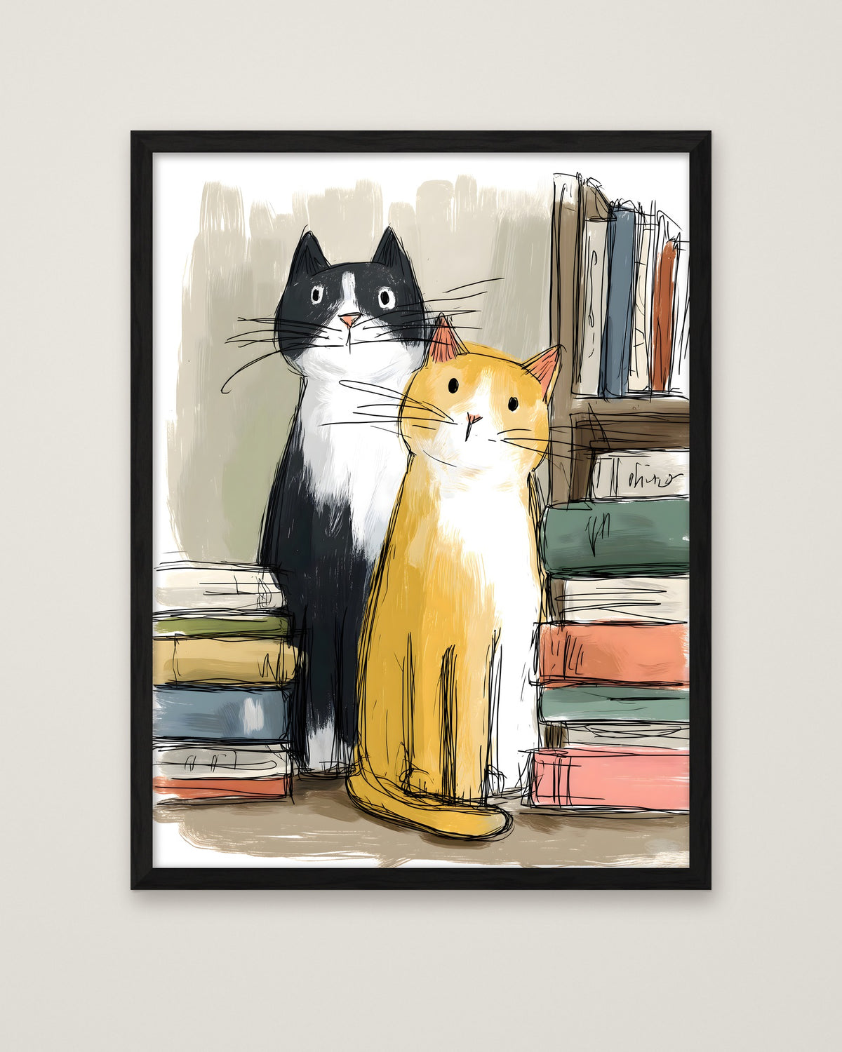 Two Cats Bookshelf Art in a black frame