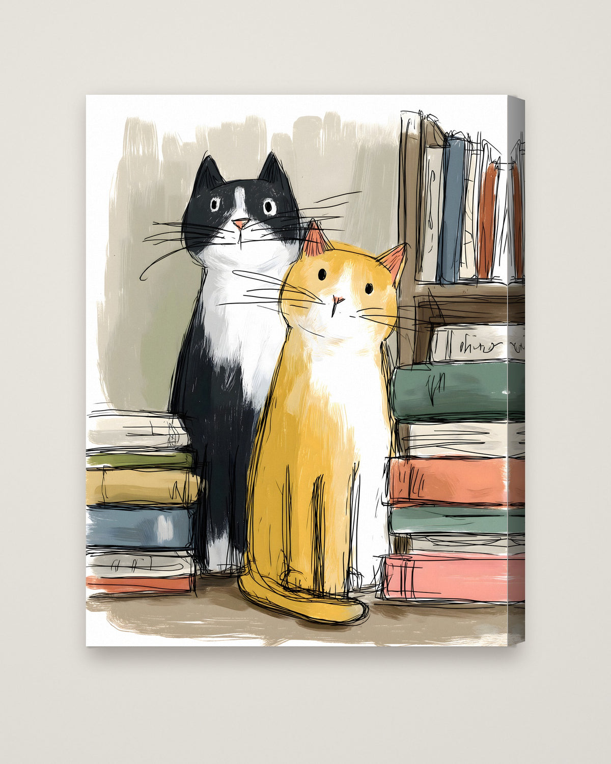 Two Cats Bookshelf Art as a stretched canvas