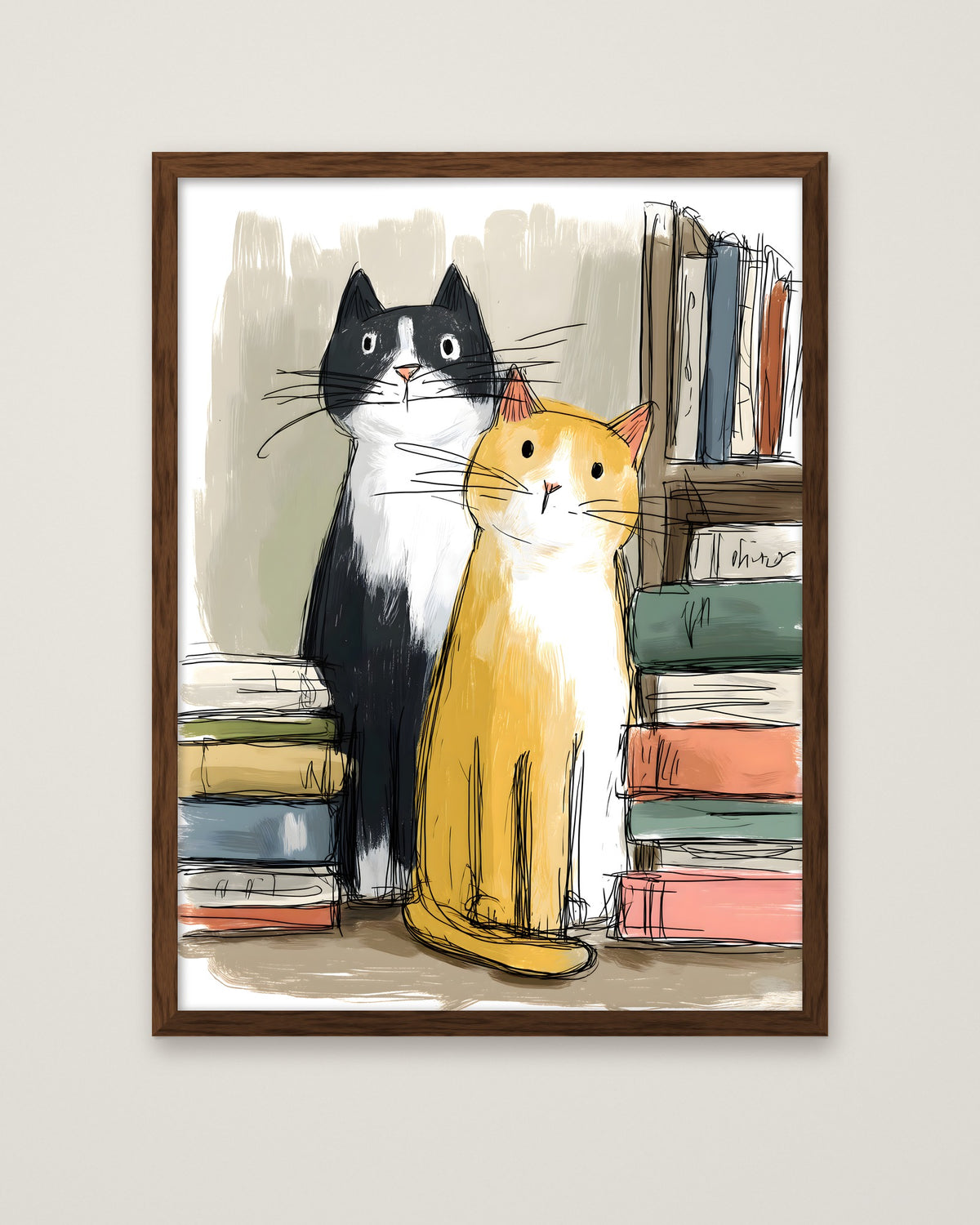 Two Cats Bookshelf Art in a dark wood frame