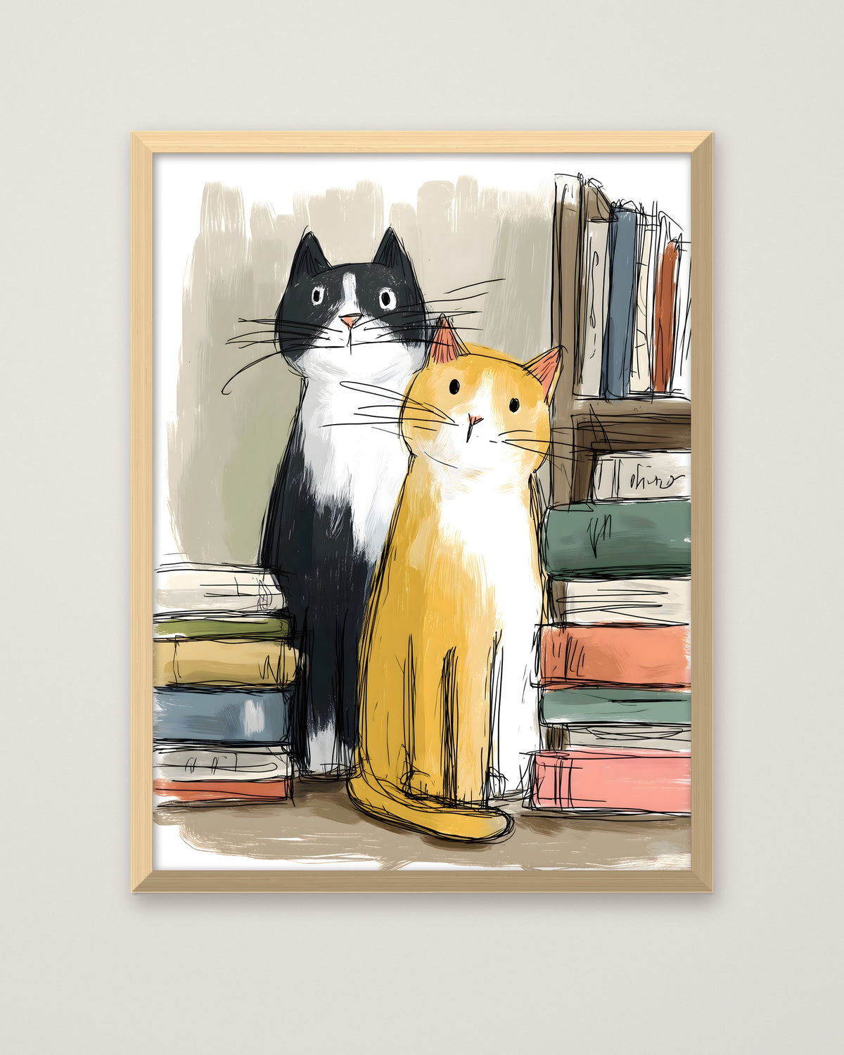 Two Cats Bookshelf Art in a natural wood frame