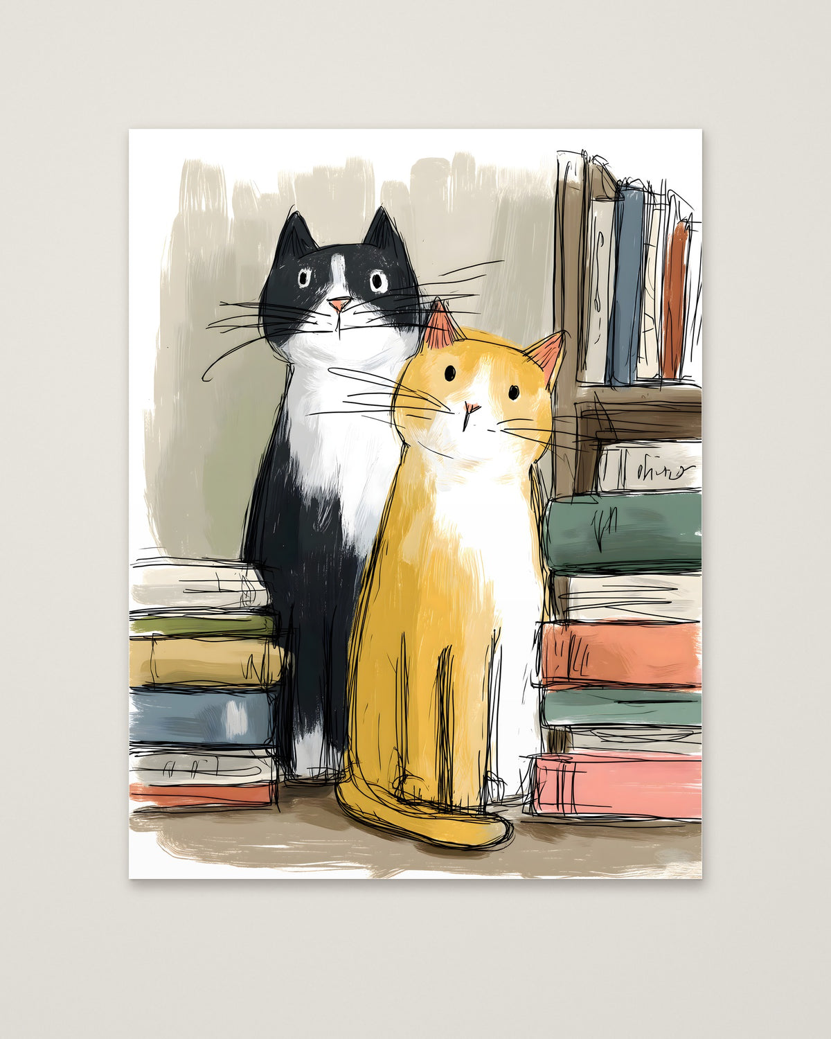 Two Cats Bookshelf Art as an unframed matte paper print