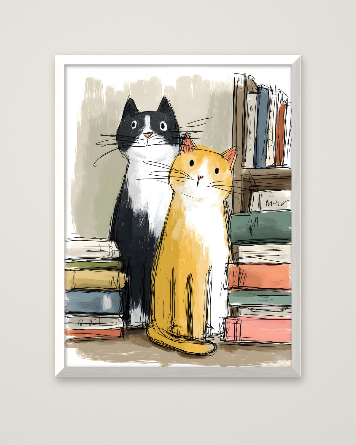 Two Cats Bookshelf Art in a white frame