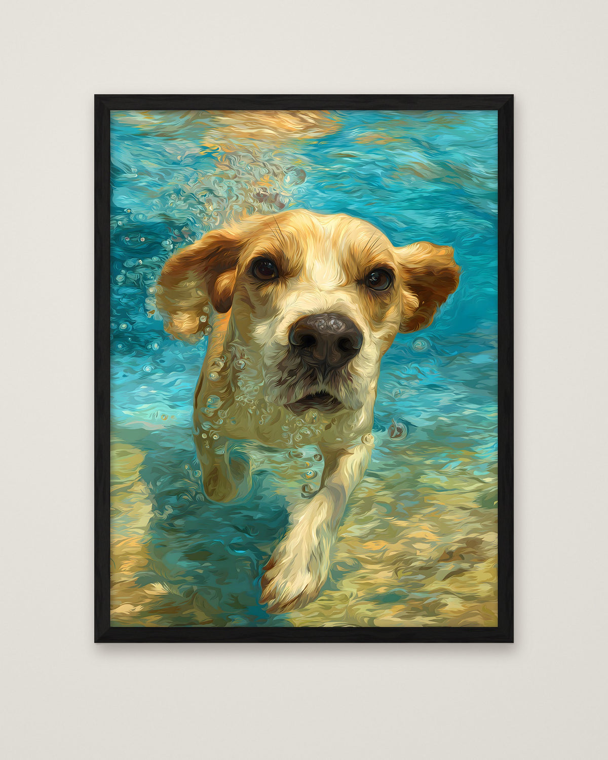 Underwater Swimming Beagle Art in a black frame