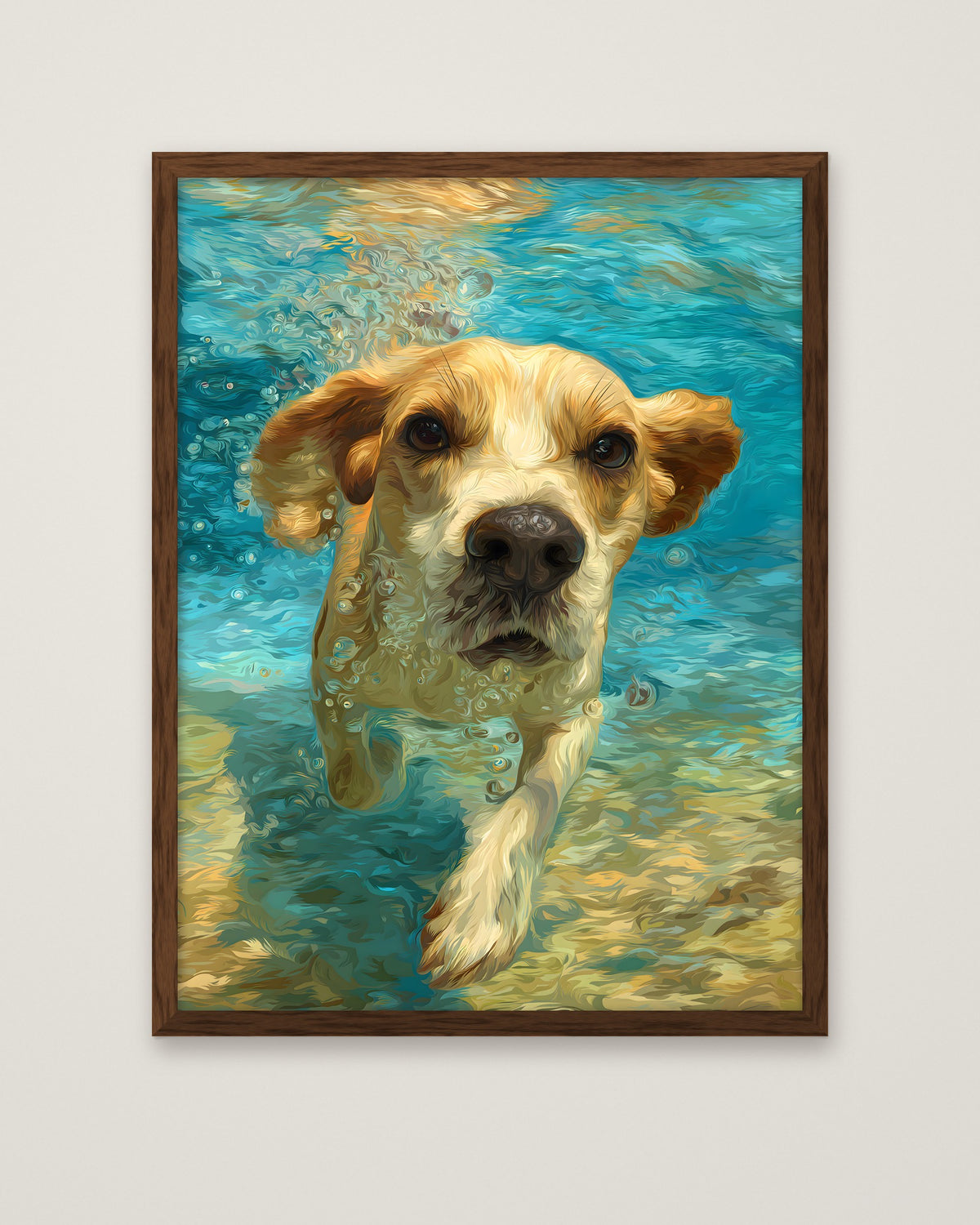 Underwater Swimming Beagle Art in a dark wood frame