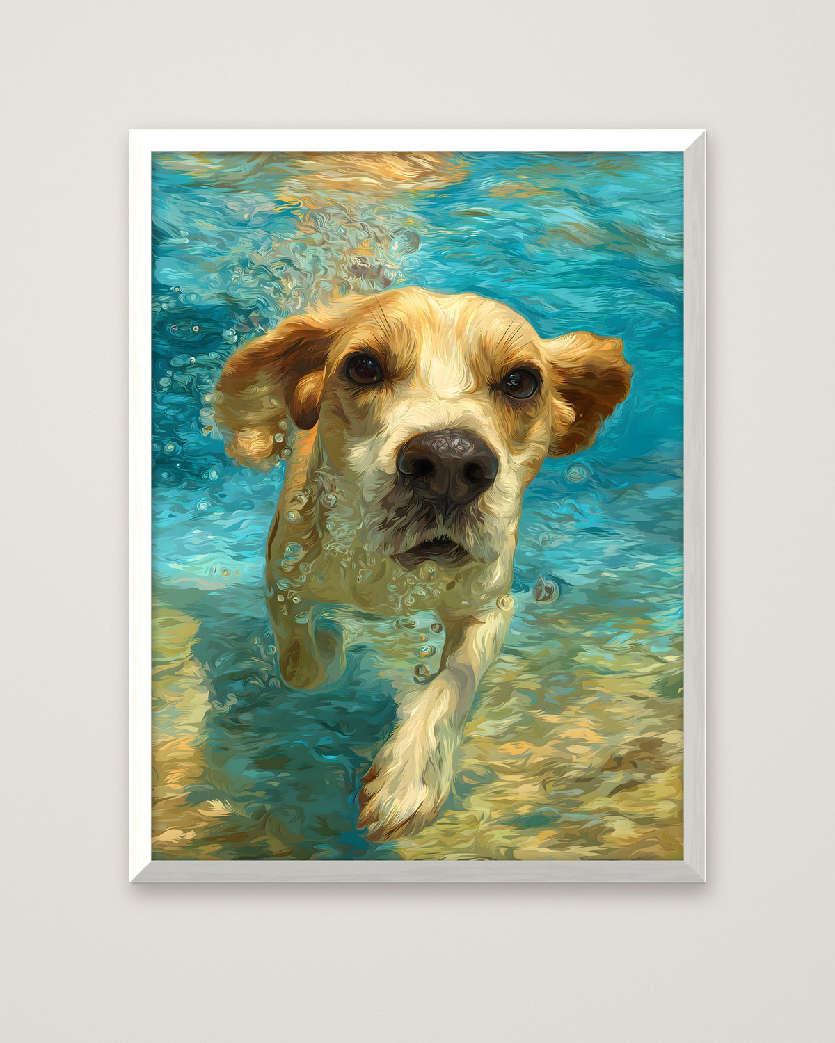 Underwater Swimming Beagle Art in a white frame