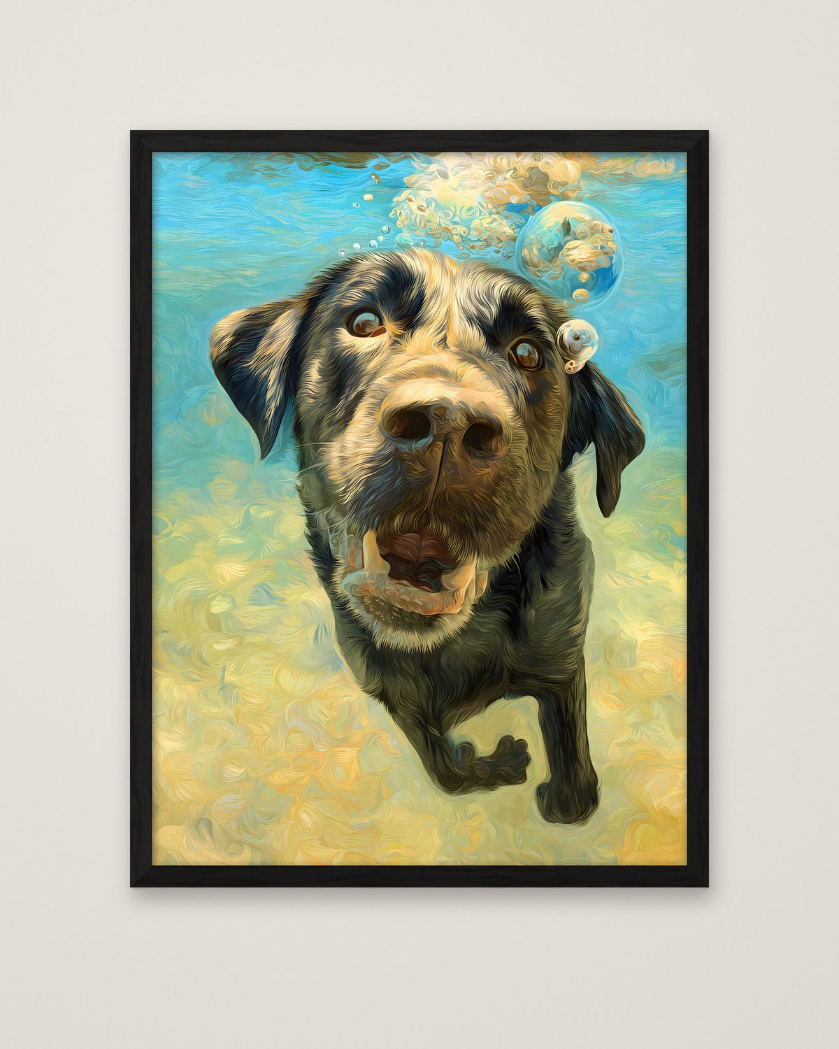Underwater Swimming Labrador Dog Art in a black frame