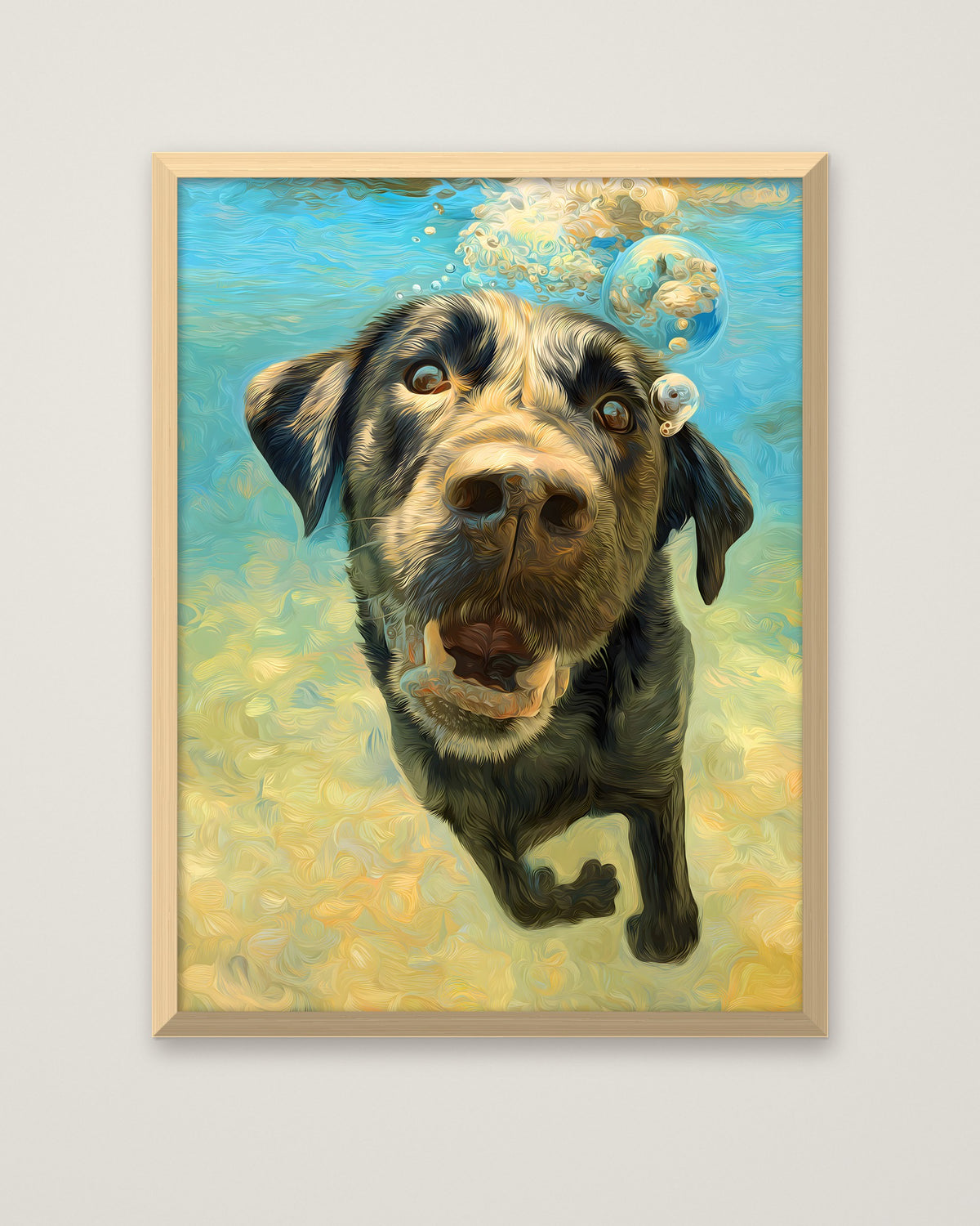 Underwater Swimming Labrador Dog Art in a natural wood frame