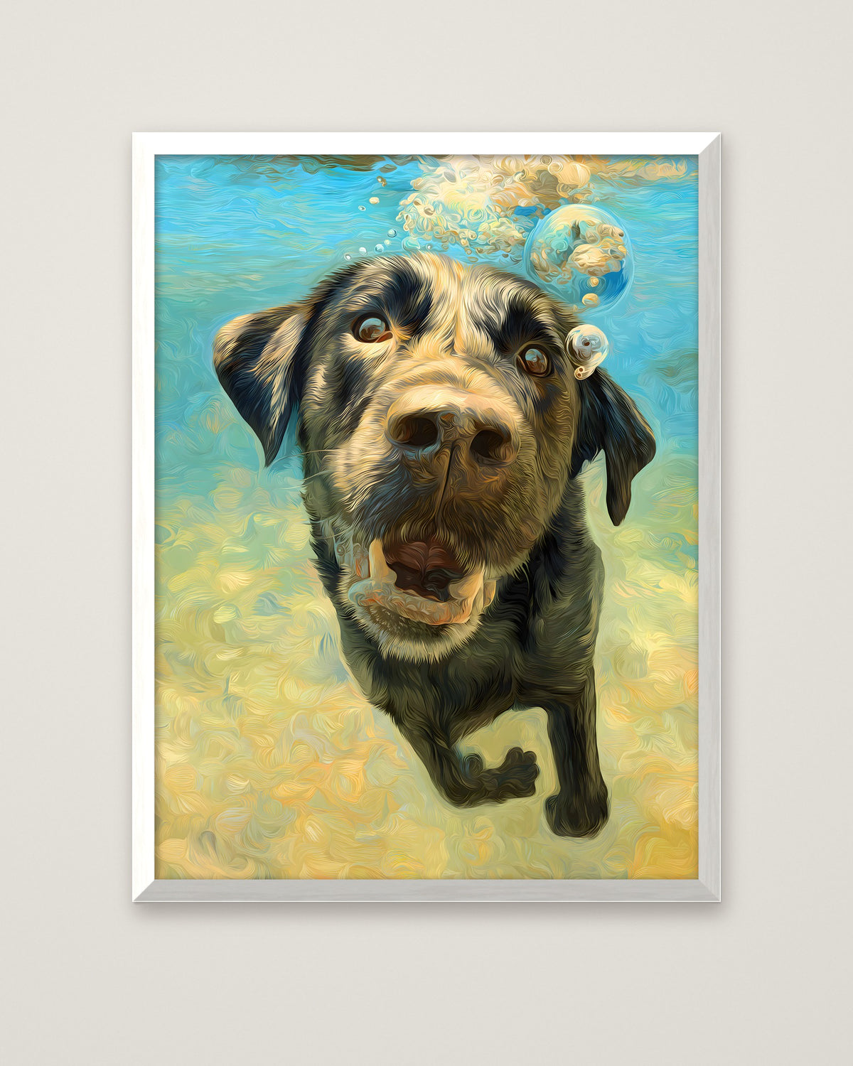 Underwater Swimming Labrador Dog Art in a white frame