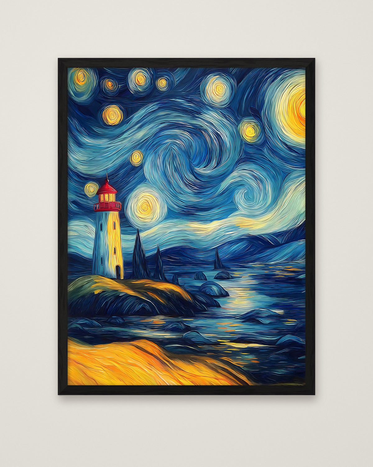 Van Gogh Style Lighthouse Night in a black frame