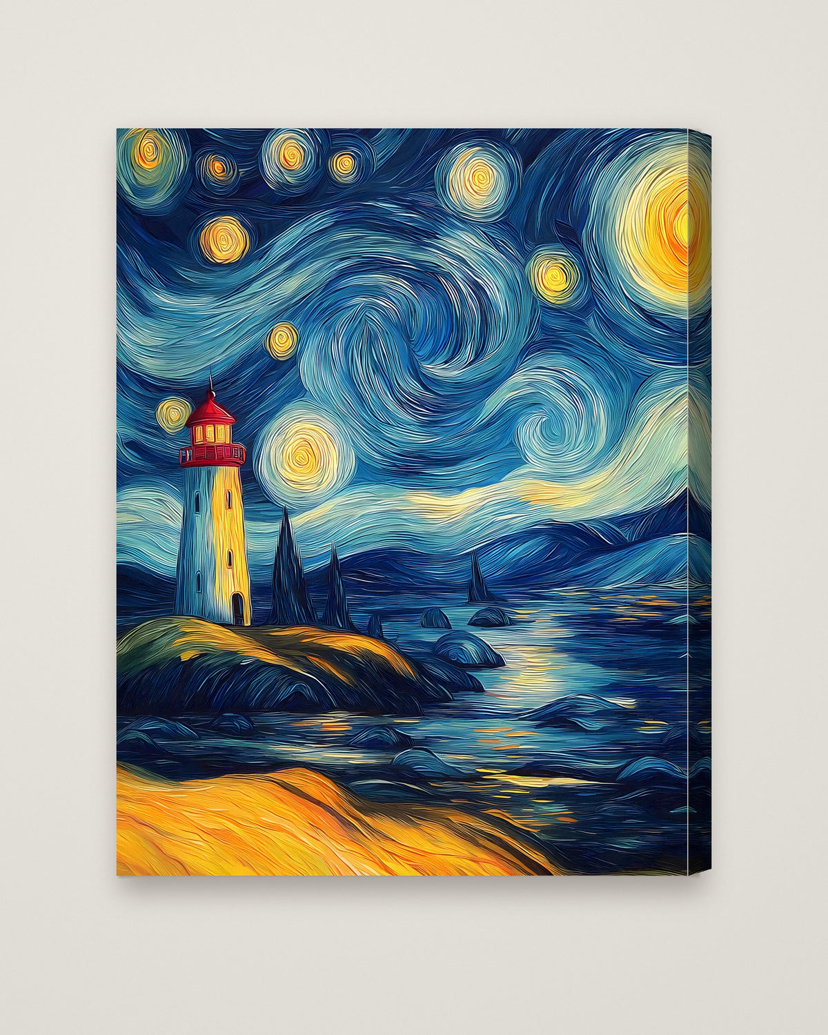 Van Gogh Style Lighthouse Night as a stretched canvas
