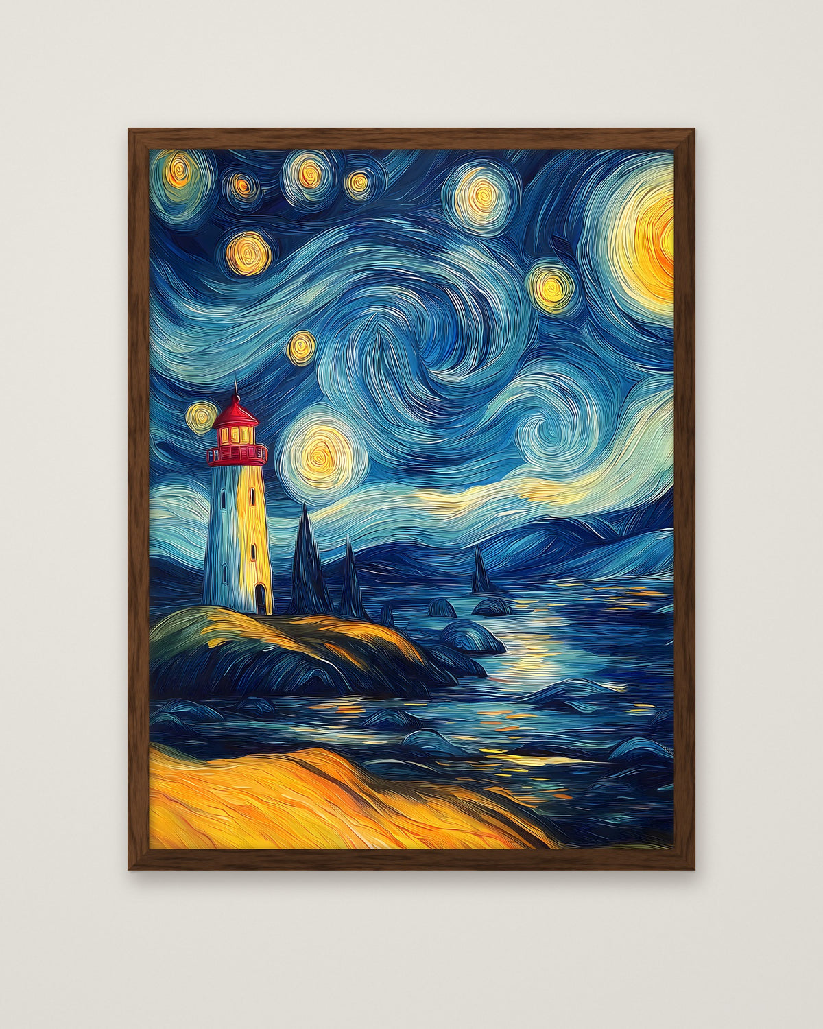 Van Gogh Style Lighthouse Night in a dark wood frame