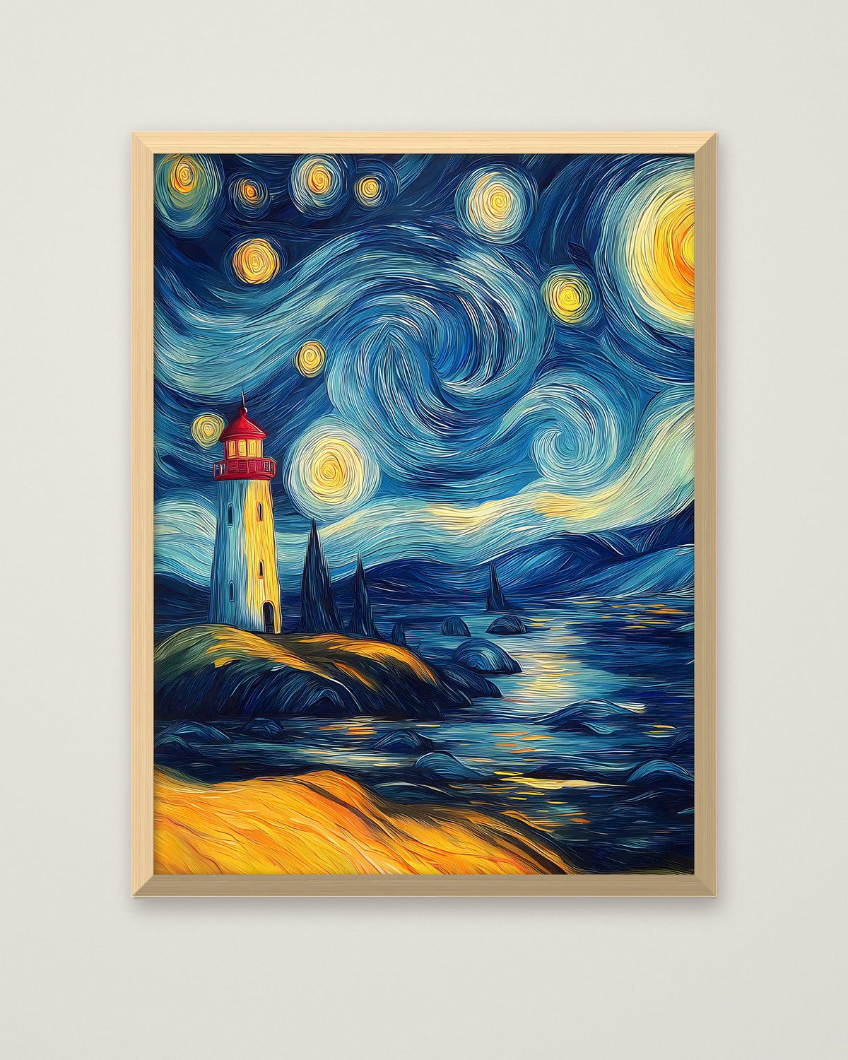 Van Gogh Style Lighthouse Night in a natural wood frame