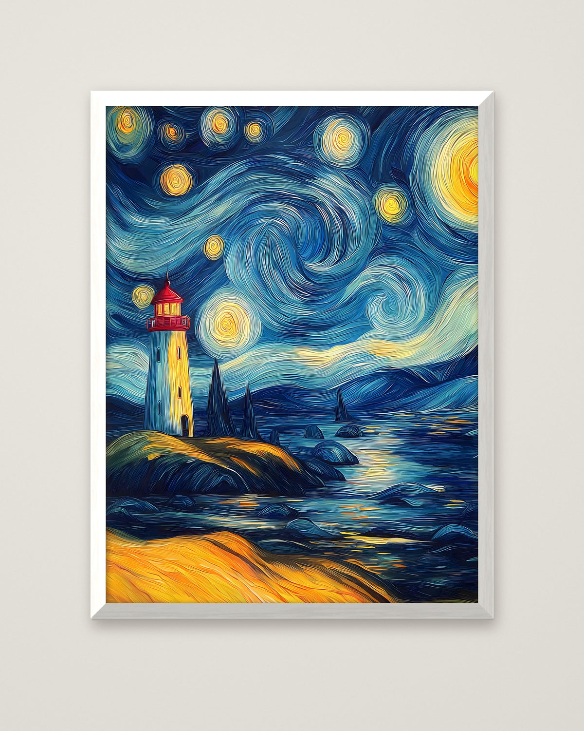 Van Gogh Style Lighthouse Night in a white frame