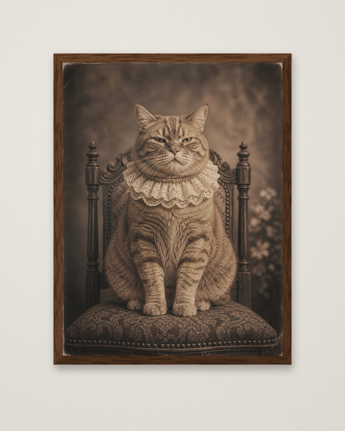 Victorian Portrait Cat Art in a dark wood frame