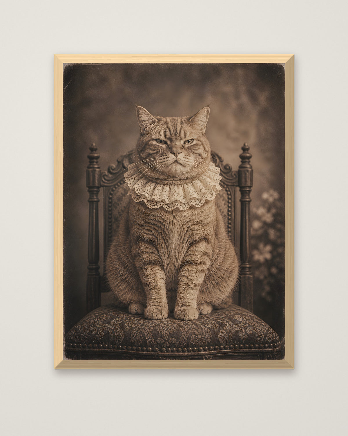 Victorian Portrait Cat Art in a natural wood frame