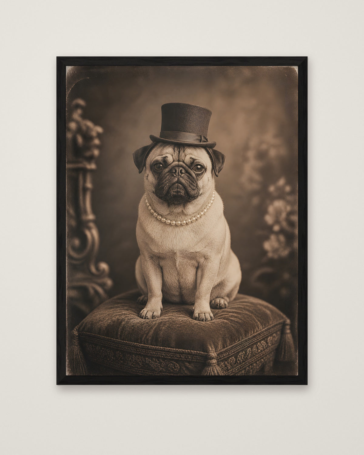 Victorian Pug Portrait Art in a black frame