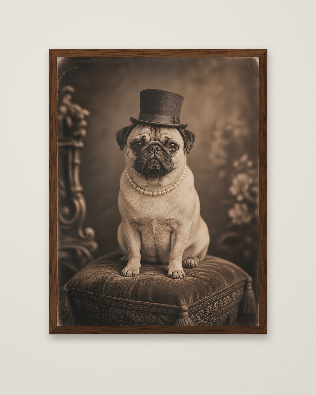 Victorian Pug Portrait Art in a dark wood frame