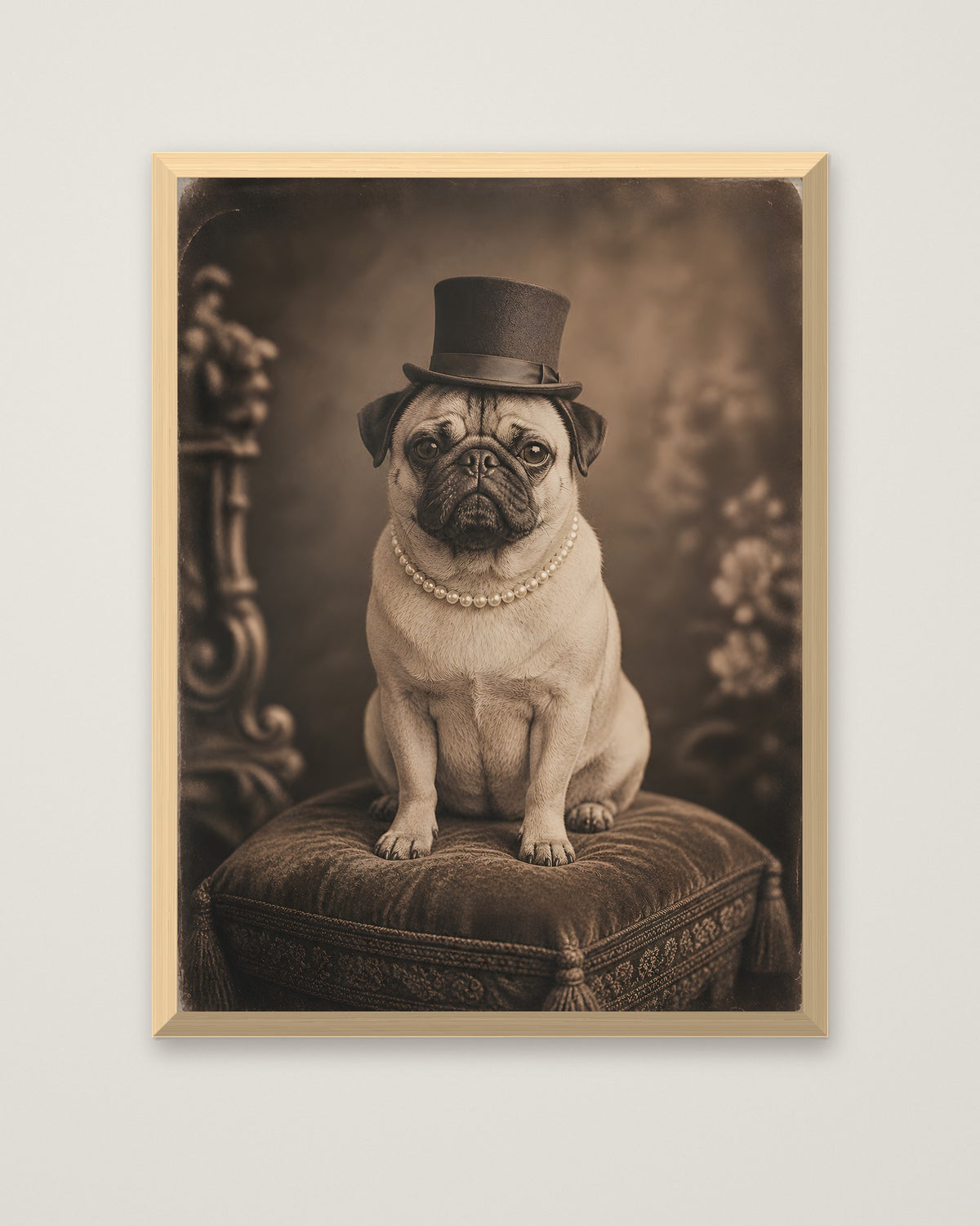 Victorian Pug Portrait Art in a natural wood frame