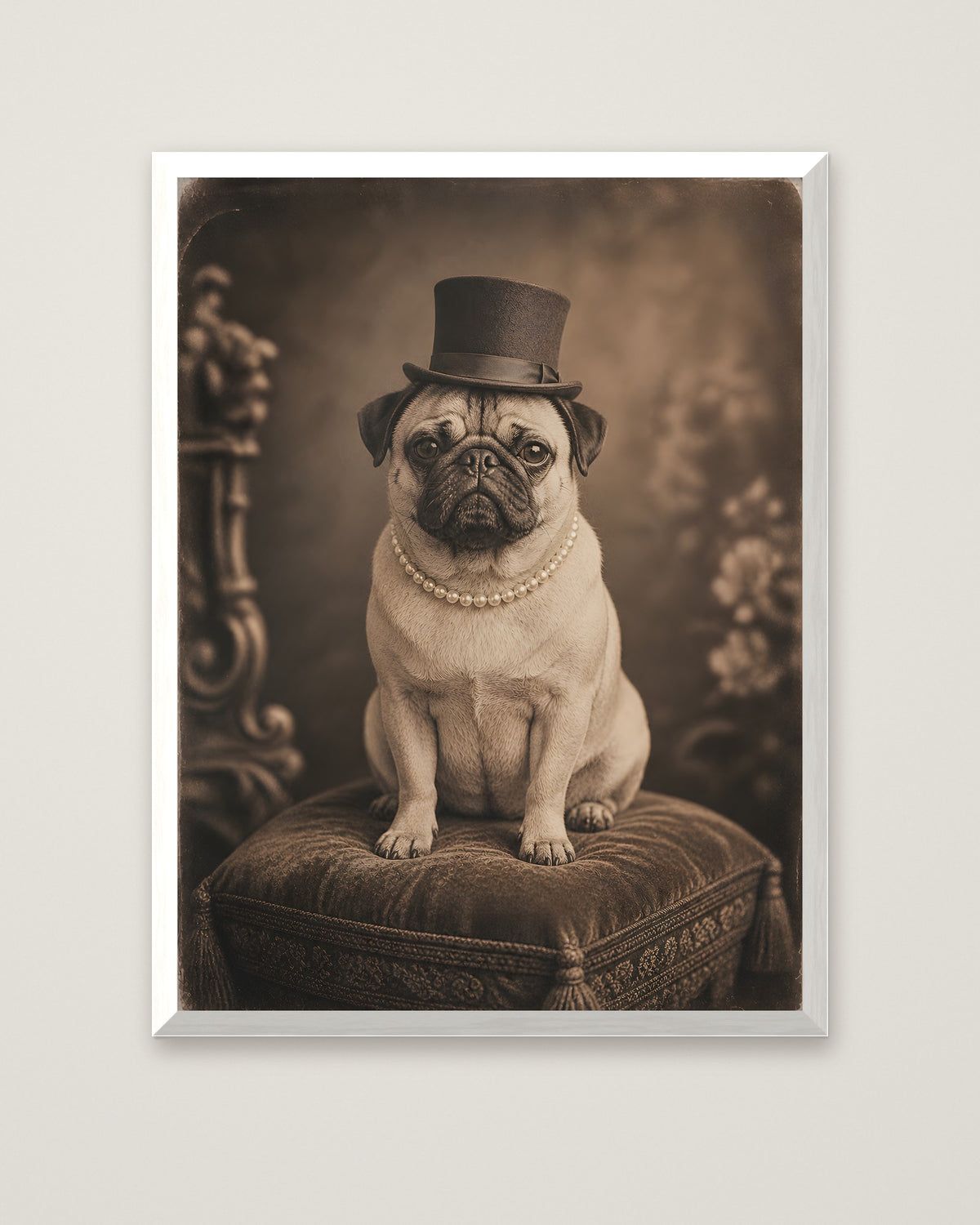 Victorian Pug Portrait Art in a white frame