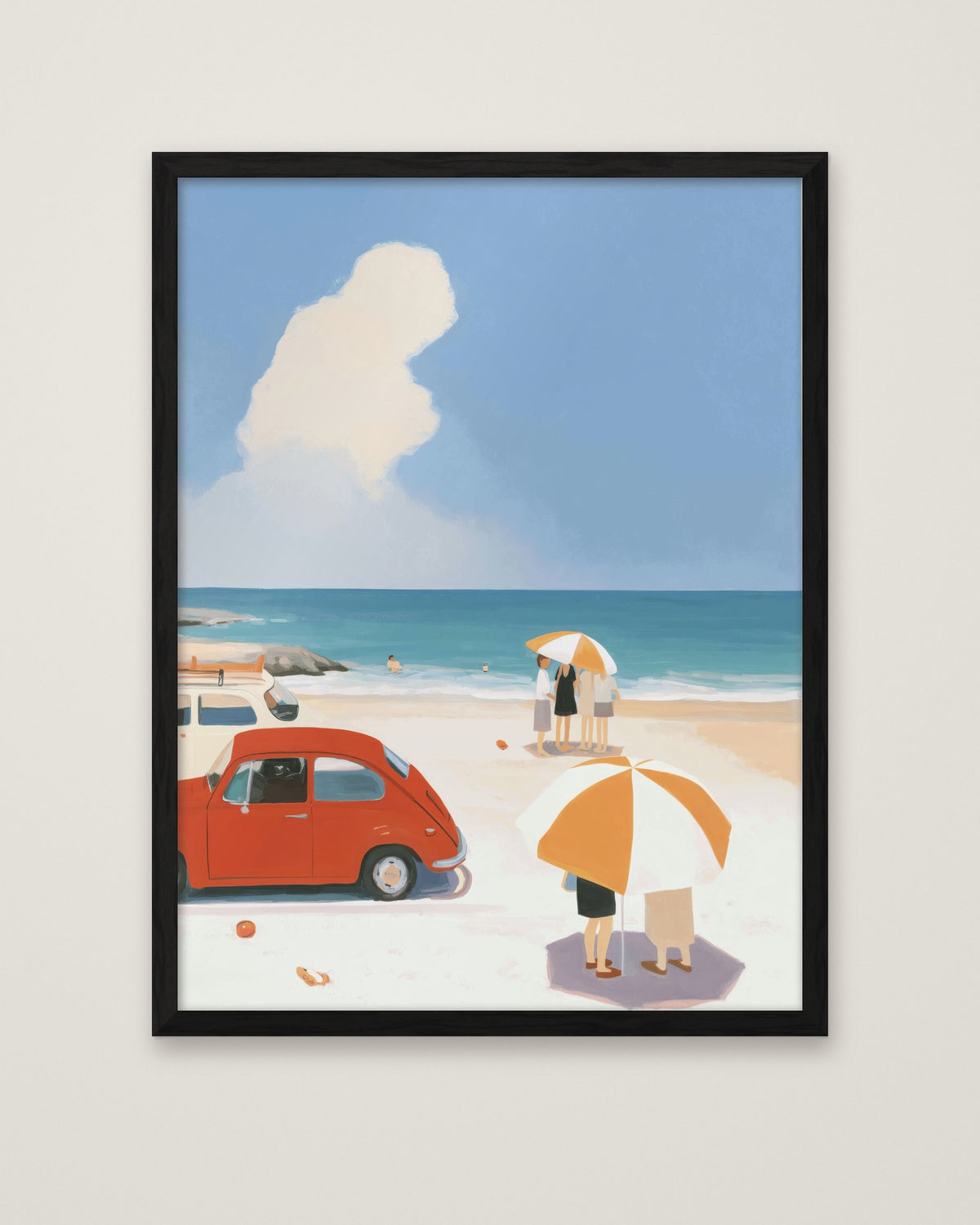 Vintage Beach Scene Illustration in a black frame