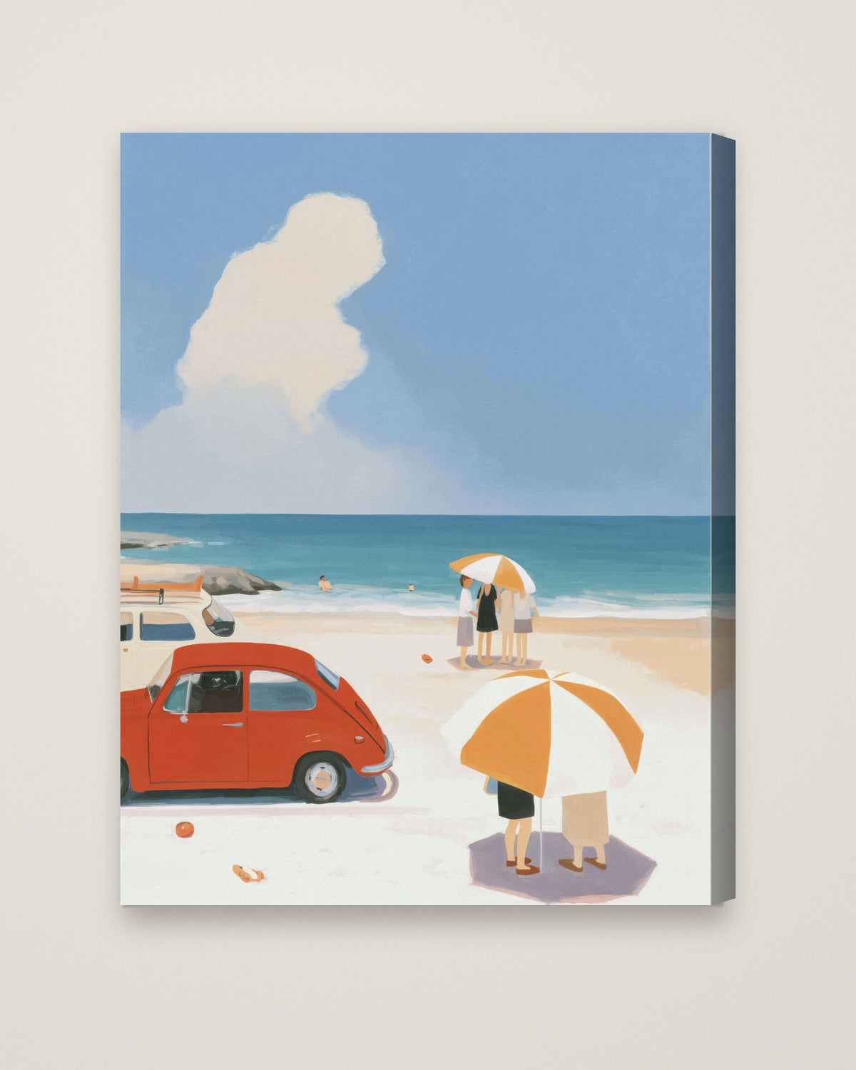 Vintage Beach Scene Illustration as a stretched canvas