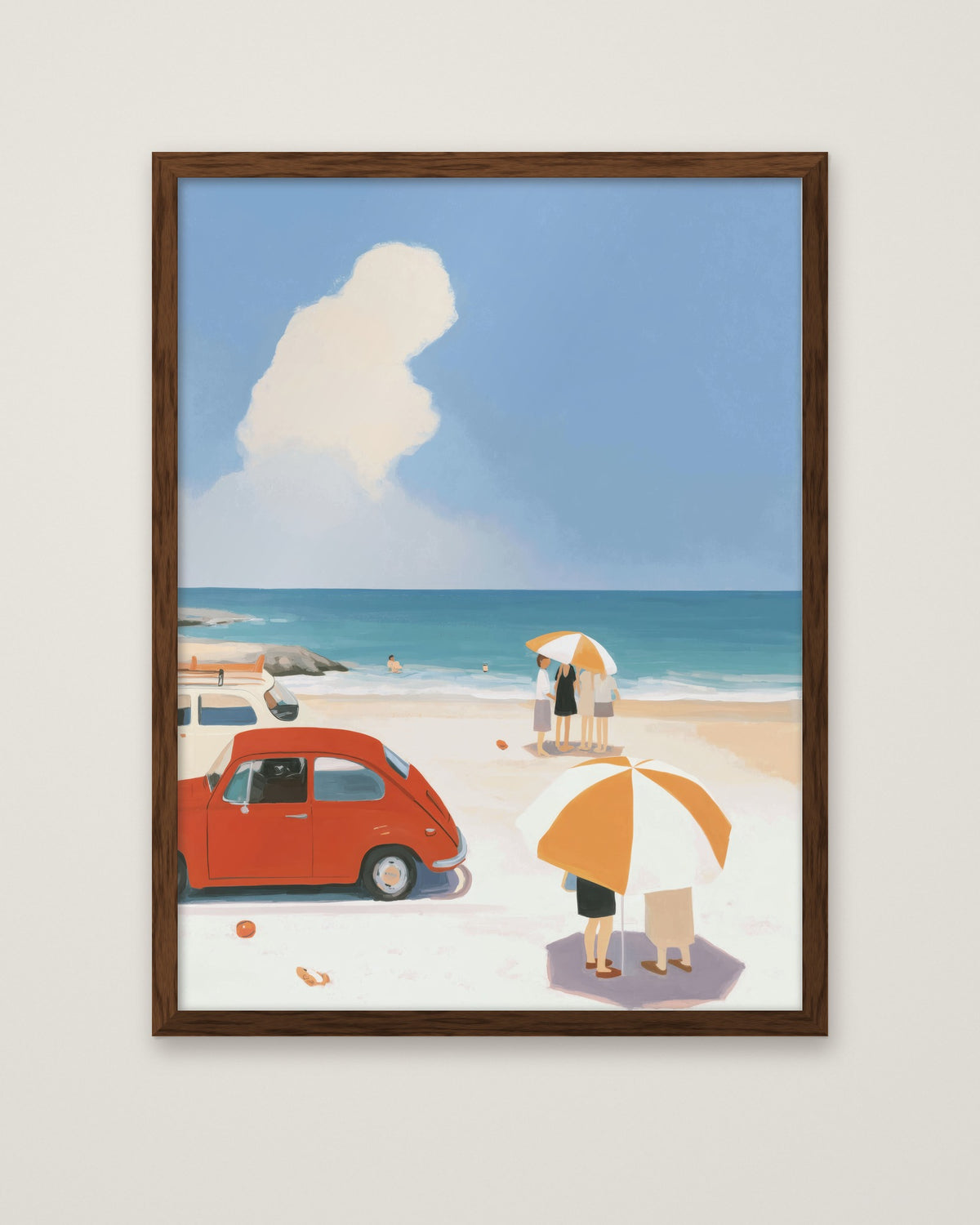 Vintage Beach Scene Illustration in a dark wood frame