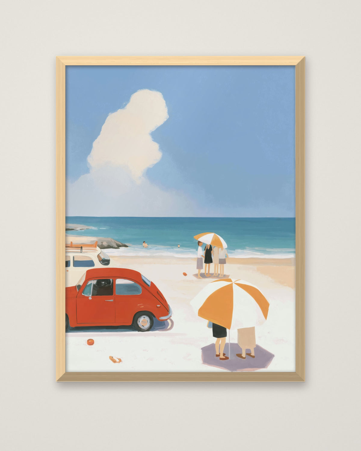 Vintage Beach Scene Illustration in a natural wood frame
