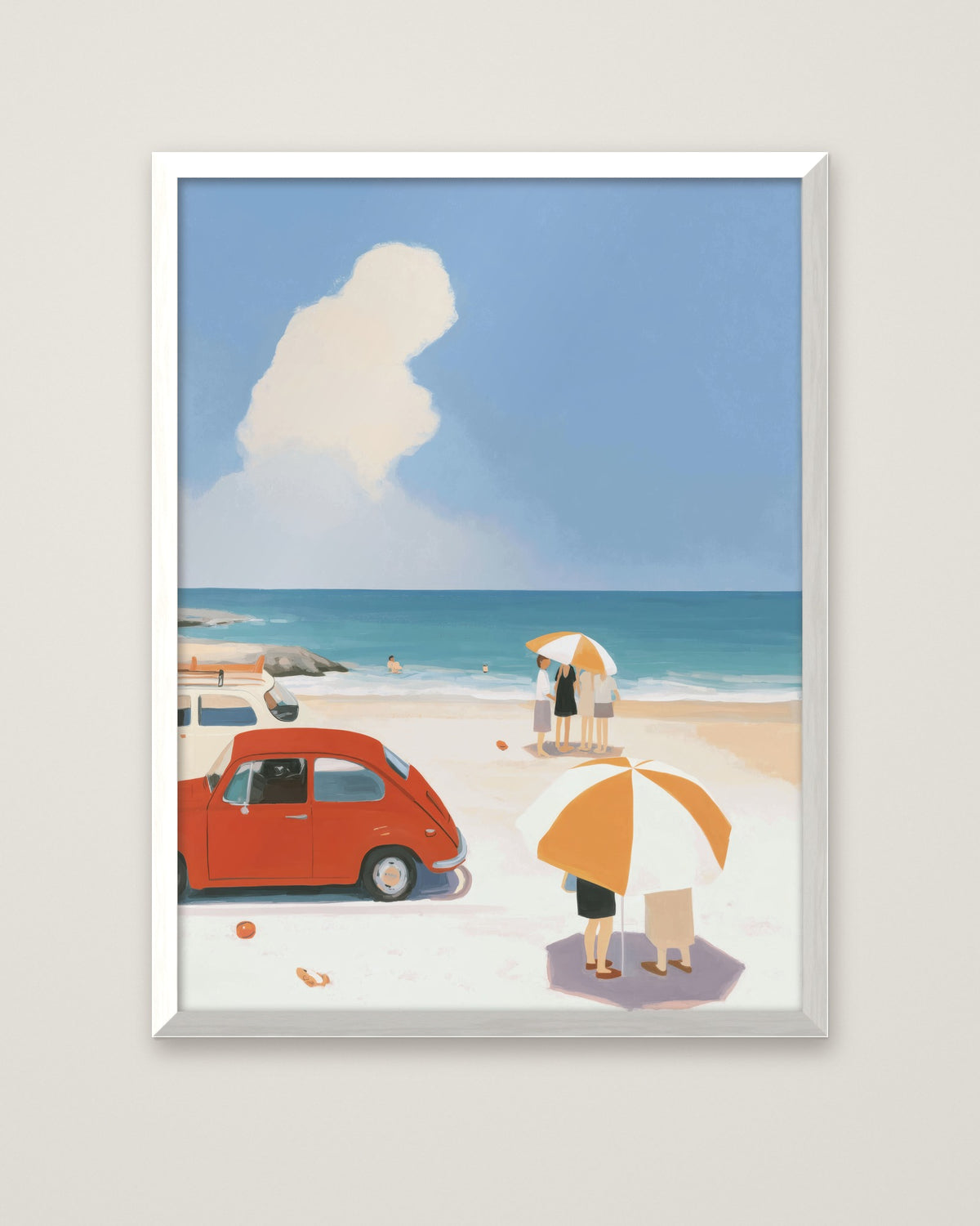 Vintage Beach Scene Illustration in a white frame
