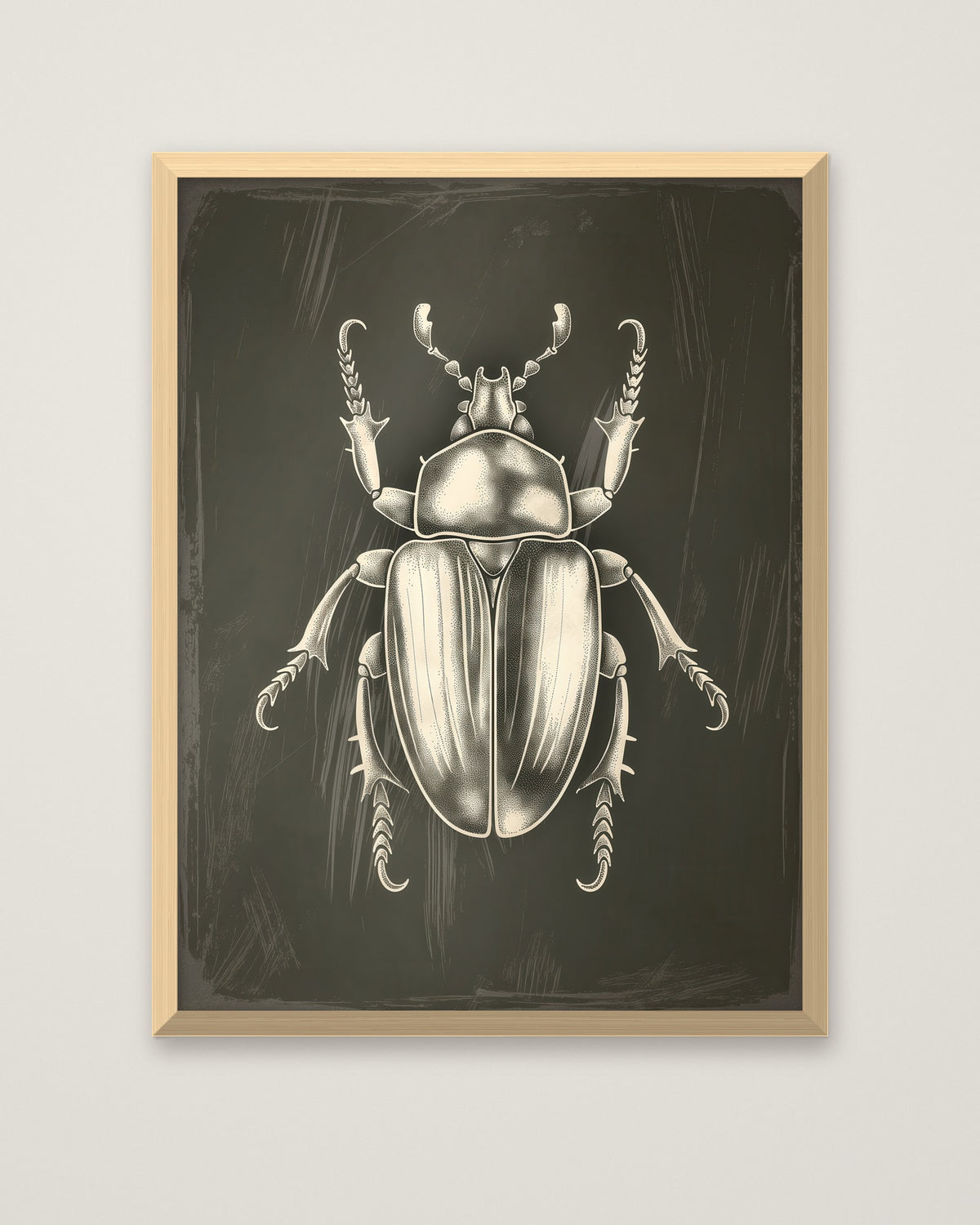 Vintage Beetle Insect Art in a natural wood frame