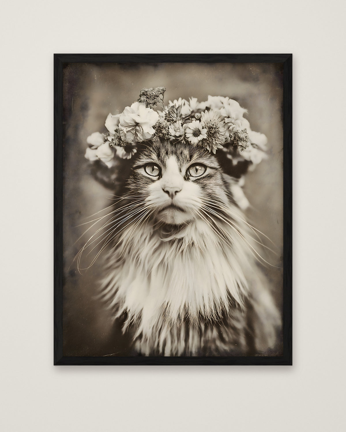 Vintage Cat Flower Crown Portrait in a black frame