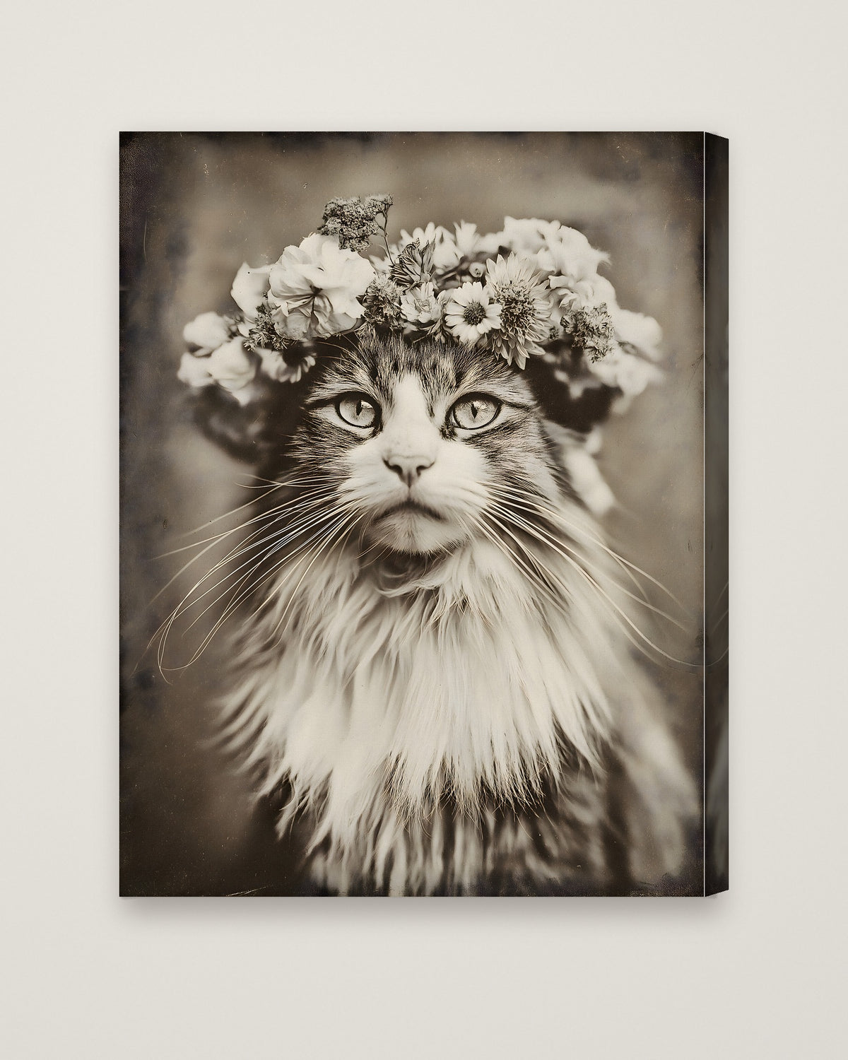 Vintage Cat Flower Crown Portrait as a stretched canvas