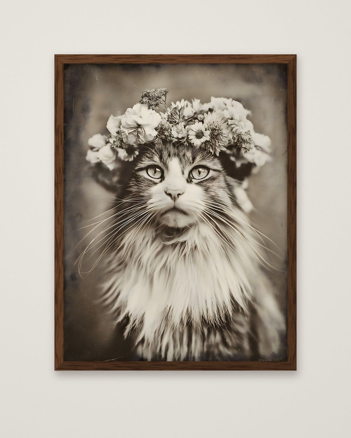 Vintage Cat Flower Crown Portrait in a dark wood frame