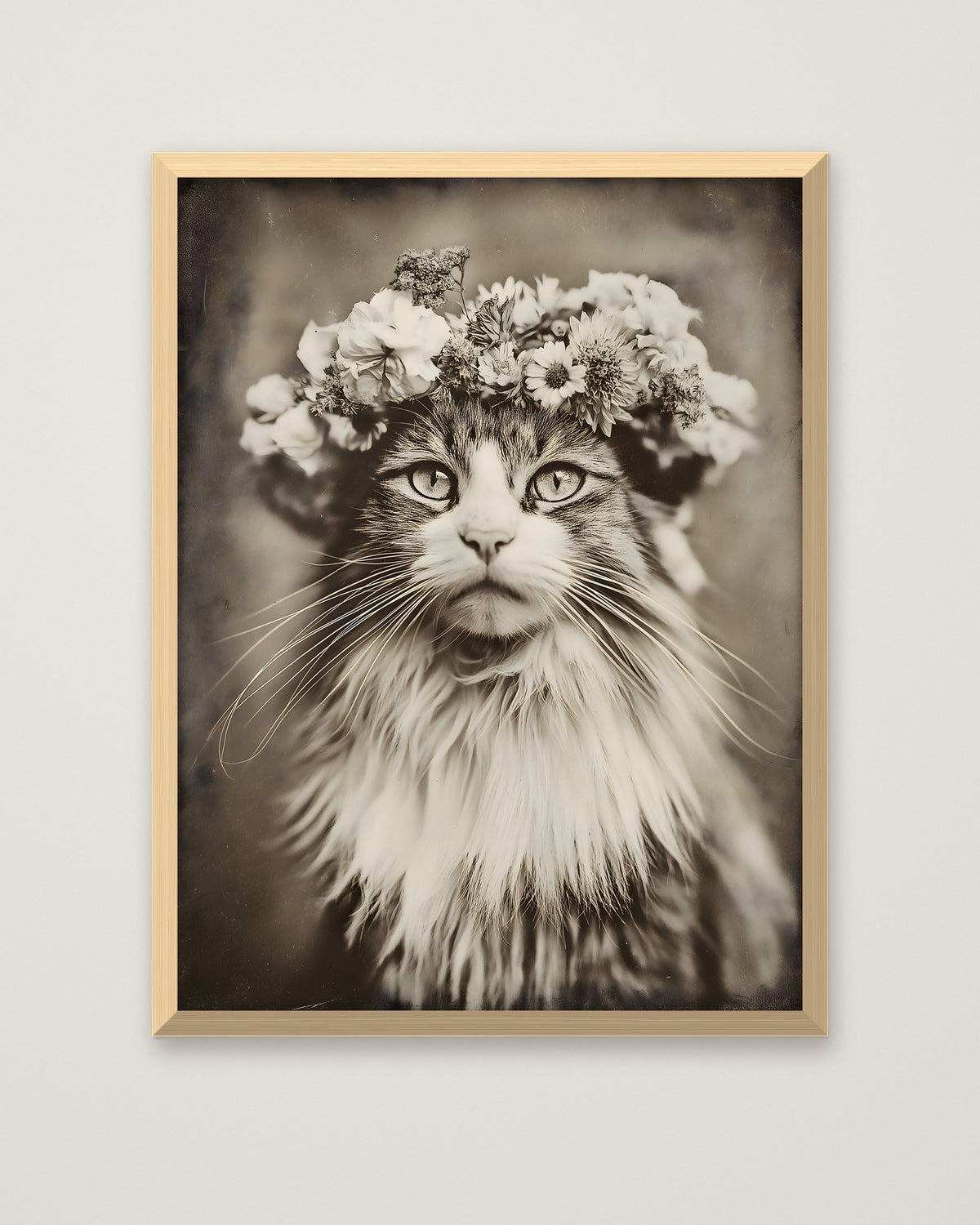 Vintage Cat Flower Crown Portrait in a natural wood frame