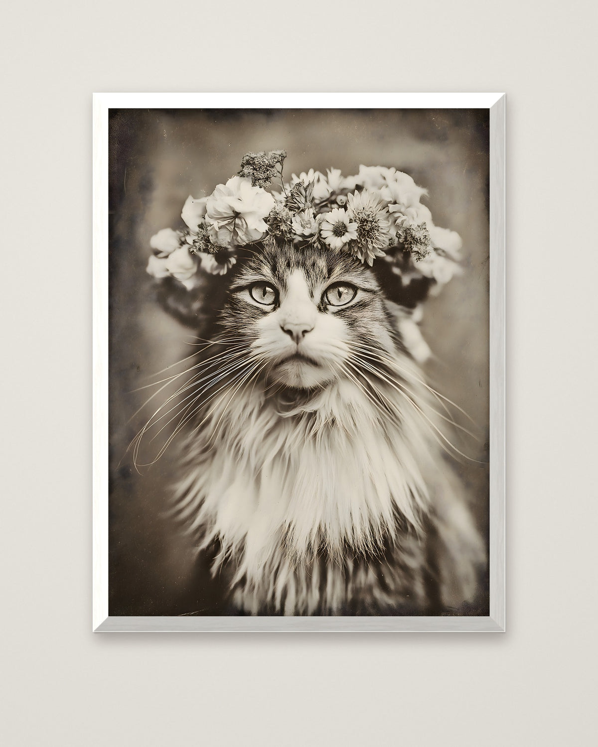 Vintage Cat Flower Crown Portrait in a white frame
