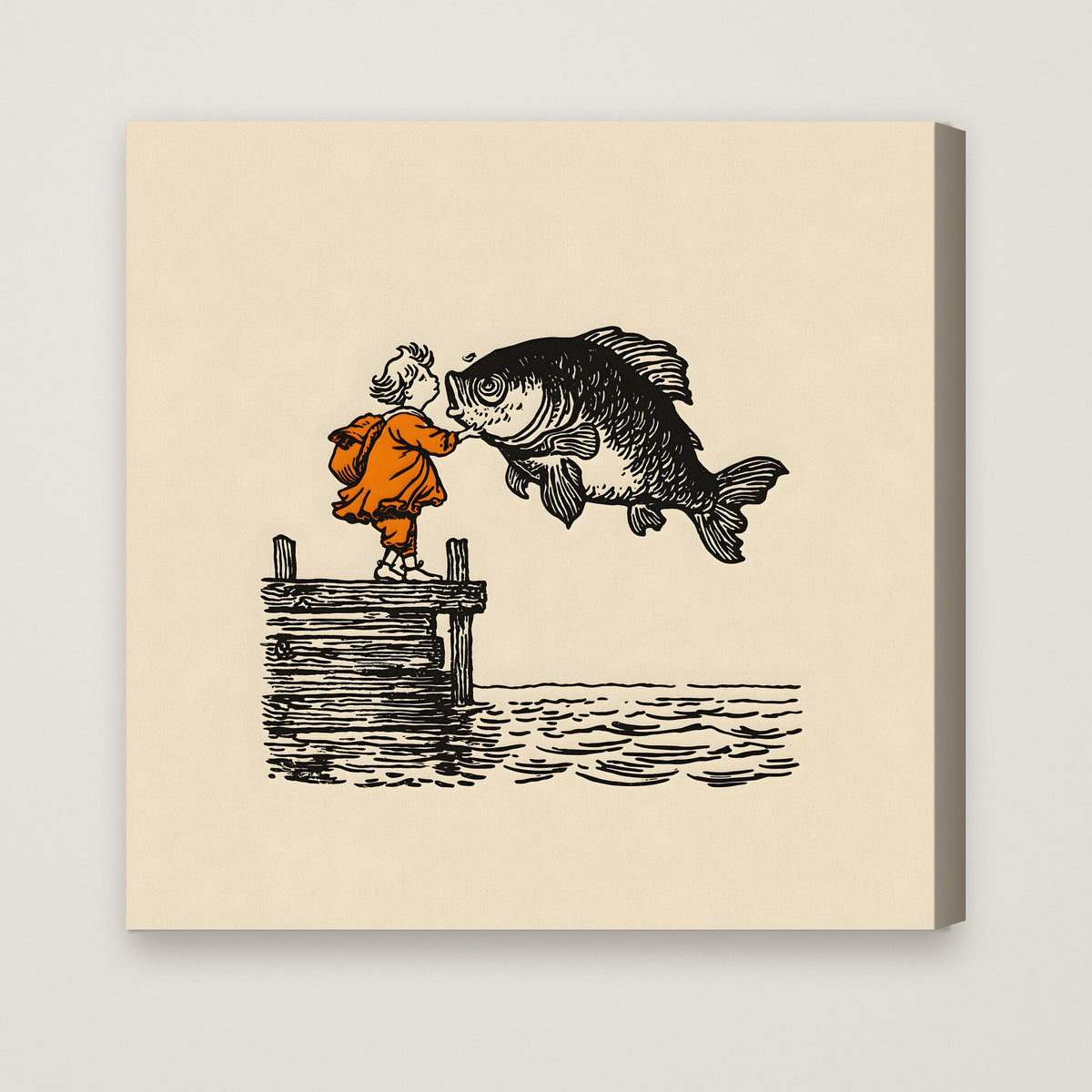 Vintage Child Fish Dock Art as a stretched canvas