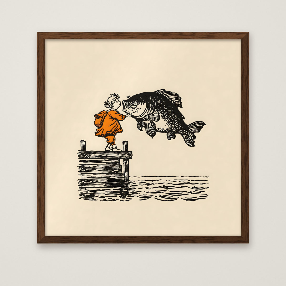 Vintage Child Fish Dock Art in a dark wood frame