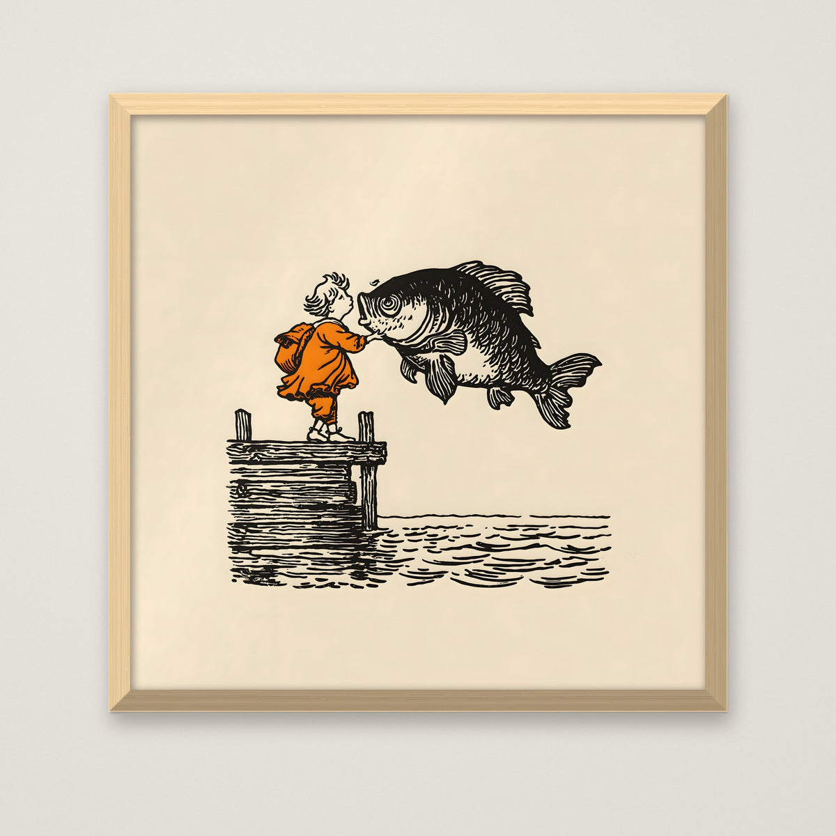 Vintage Child Fish Dock Art in a natural wood frame