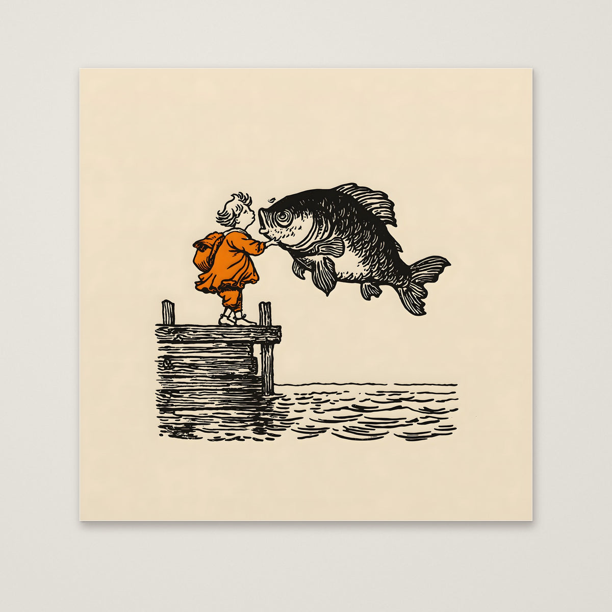 Vintage Child Fish Dock Art as an unframed matte paper print
