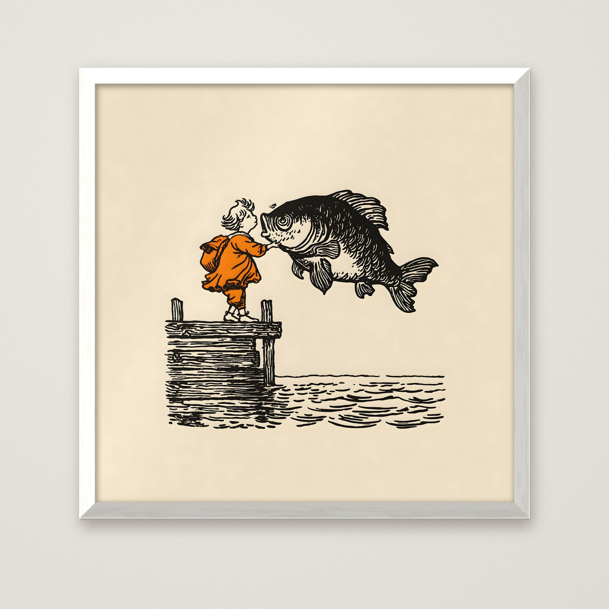 Vintage Child Fish Dock Art in a white frame