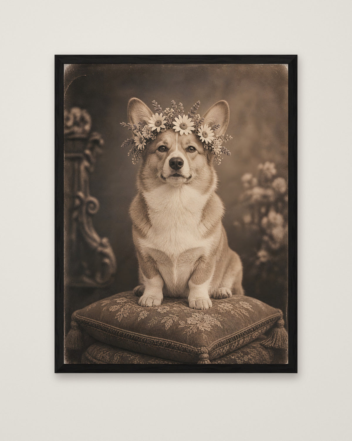 Vintage Corgi Flower Crown Portrait in a black frame