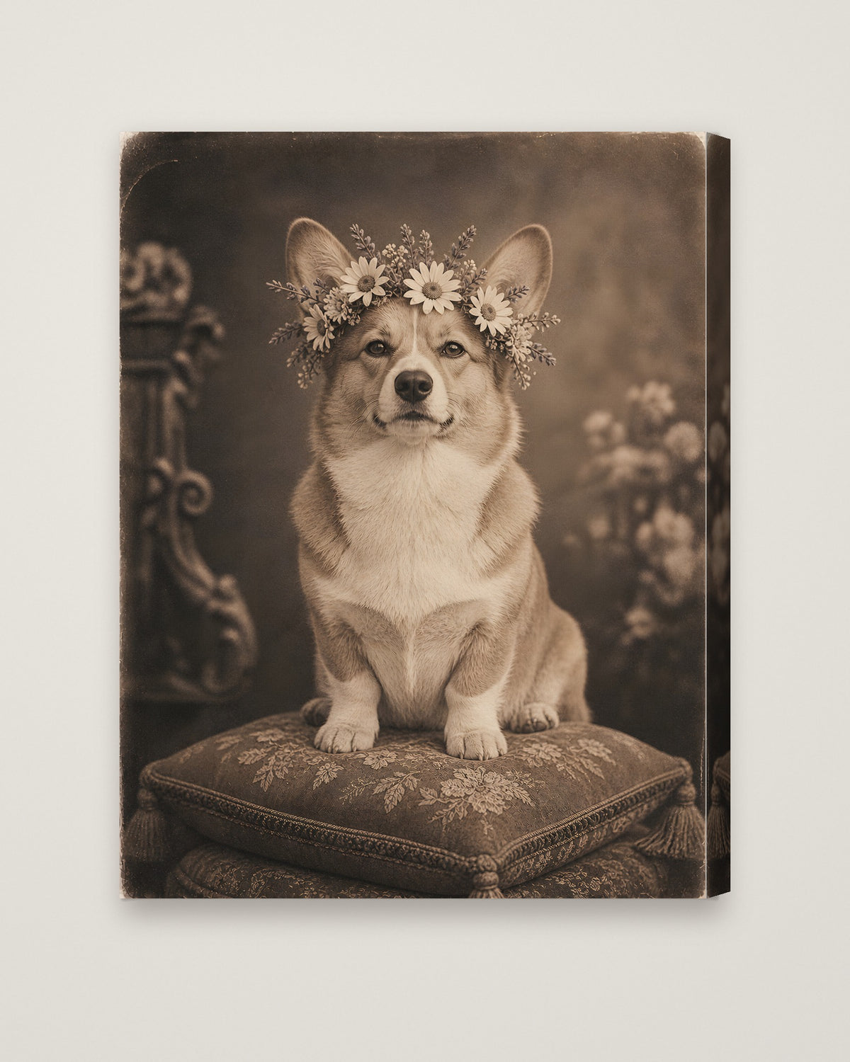Vintage Corgi Flower Crown Portrait as a stretched canvas