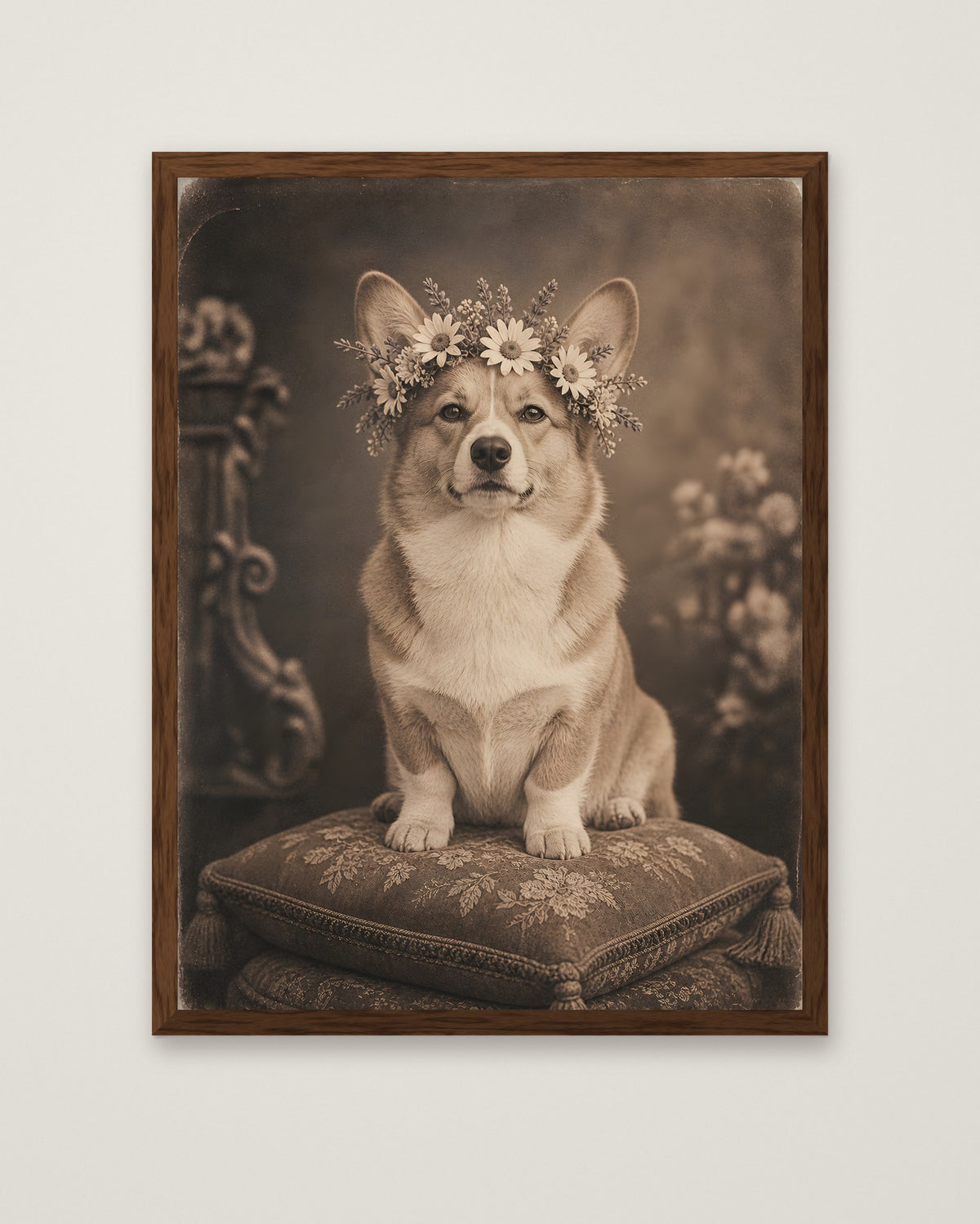 Vintage Corgi Flower Crown Portrait in a dark wood frame