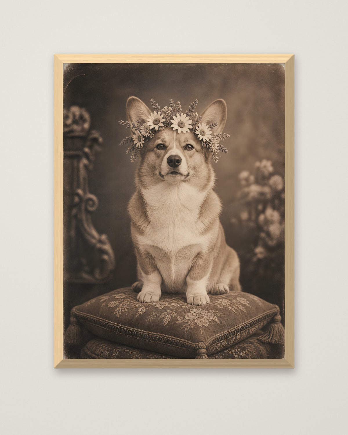 Vintage Corgi Flower Crown Portrait in a natural wood frame