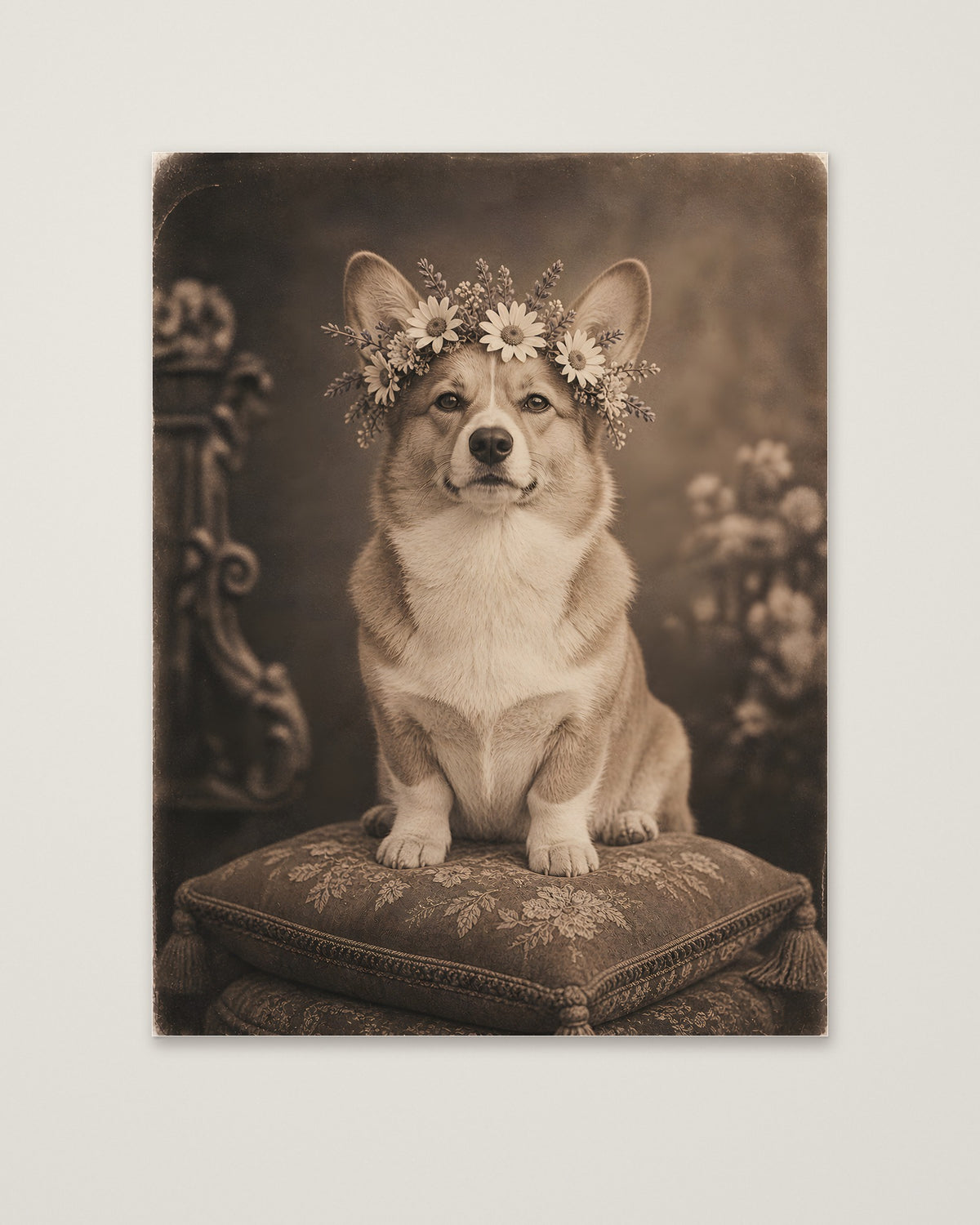 Vintage Corgi Flower Crown Portrait as an unframed matte paper print