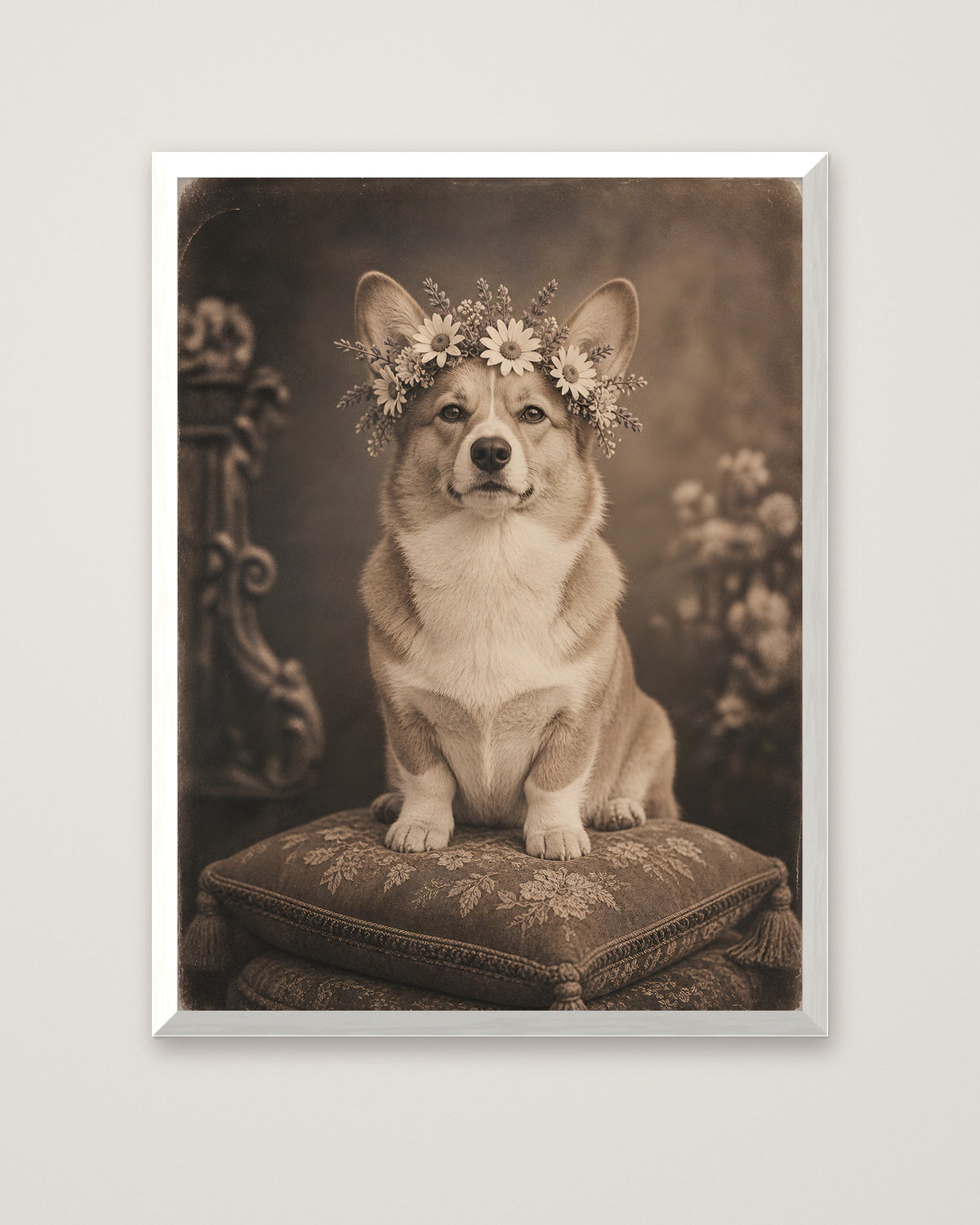 Vintage Corgi Flower Crown Portrait in a white frame